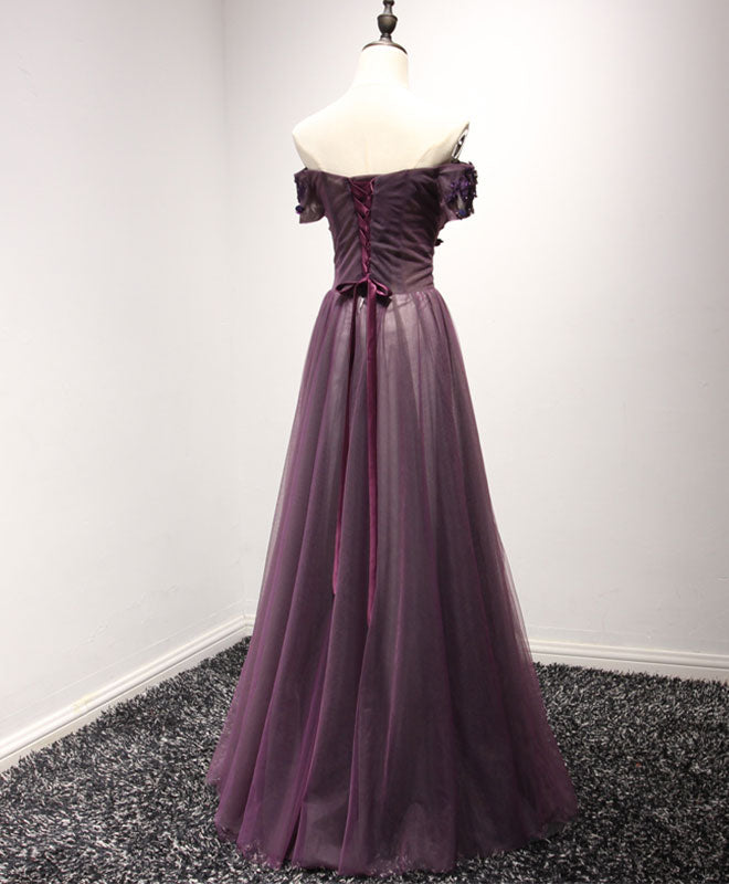 Elegant Purple Tulle Lace Off-Shoulder Long Prom Dress | Formal Evening Gown for Homecoming, Wedding, and Special Occasions
