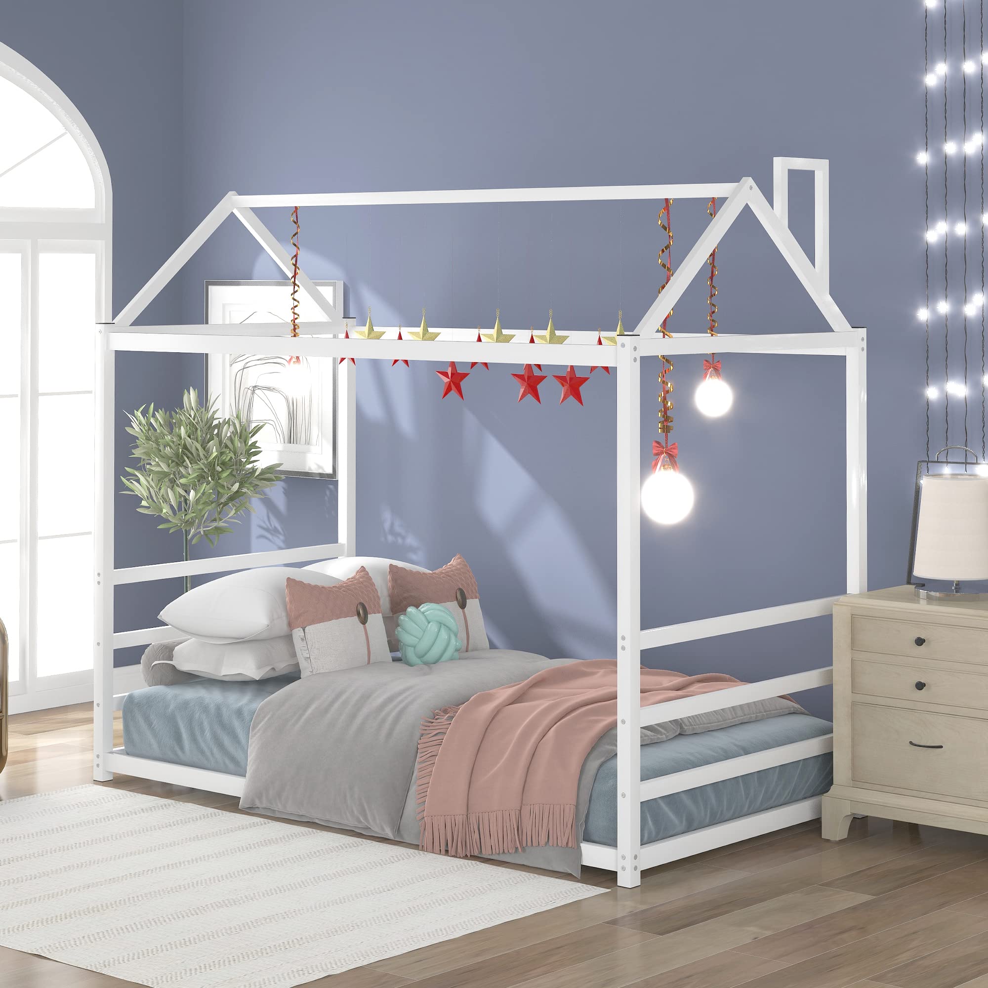 Merax Twin Platform Bed Frame with Roof & Chimney Design - Metal House Style Floor Bed for Kids & Teens (White) | No Slats Needed | Perfect for Bedrooms, Playrooms & Themed Decor