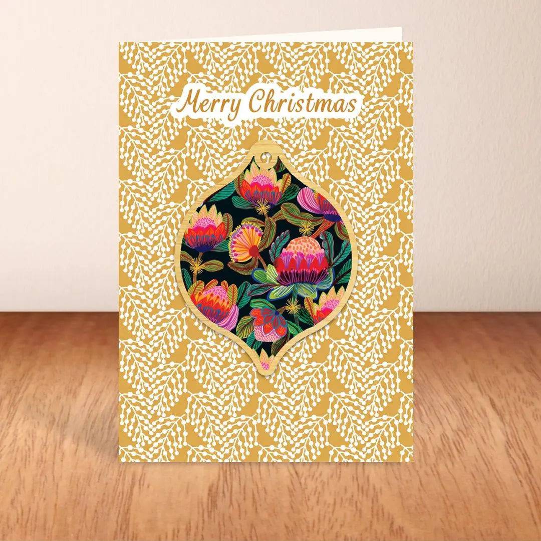 Protea Australis Christmas Card & Wooden Ornament Set - Handmade Holiday Greeting Card with Wooden Floral Decor - Perfect for Christmas Tree Decorations, Gift Exchanges & Festive Home Decor