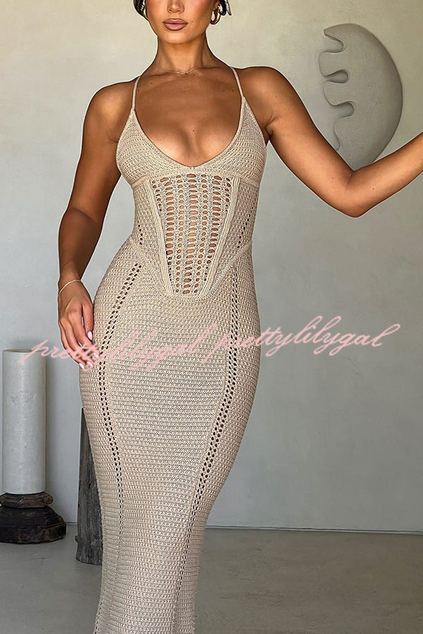 Elegant Knit Crochet Hollow Out Back Lace Up Stretch Maxi Dress for Women - Summer Beach Vacation & Boho Chic Outfit
