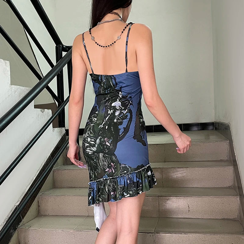 Y2K Asymmetrical Strap Bodycon Mini Dress for Women - Sexy Graphic Print Ruched Ruffles Party Dress, Grunge Fairycore Sundress for Clubbing, Date Night & Summer Outfits