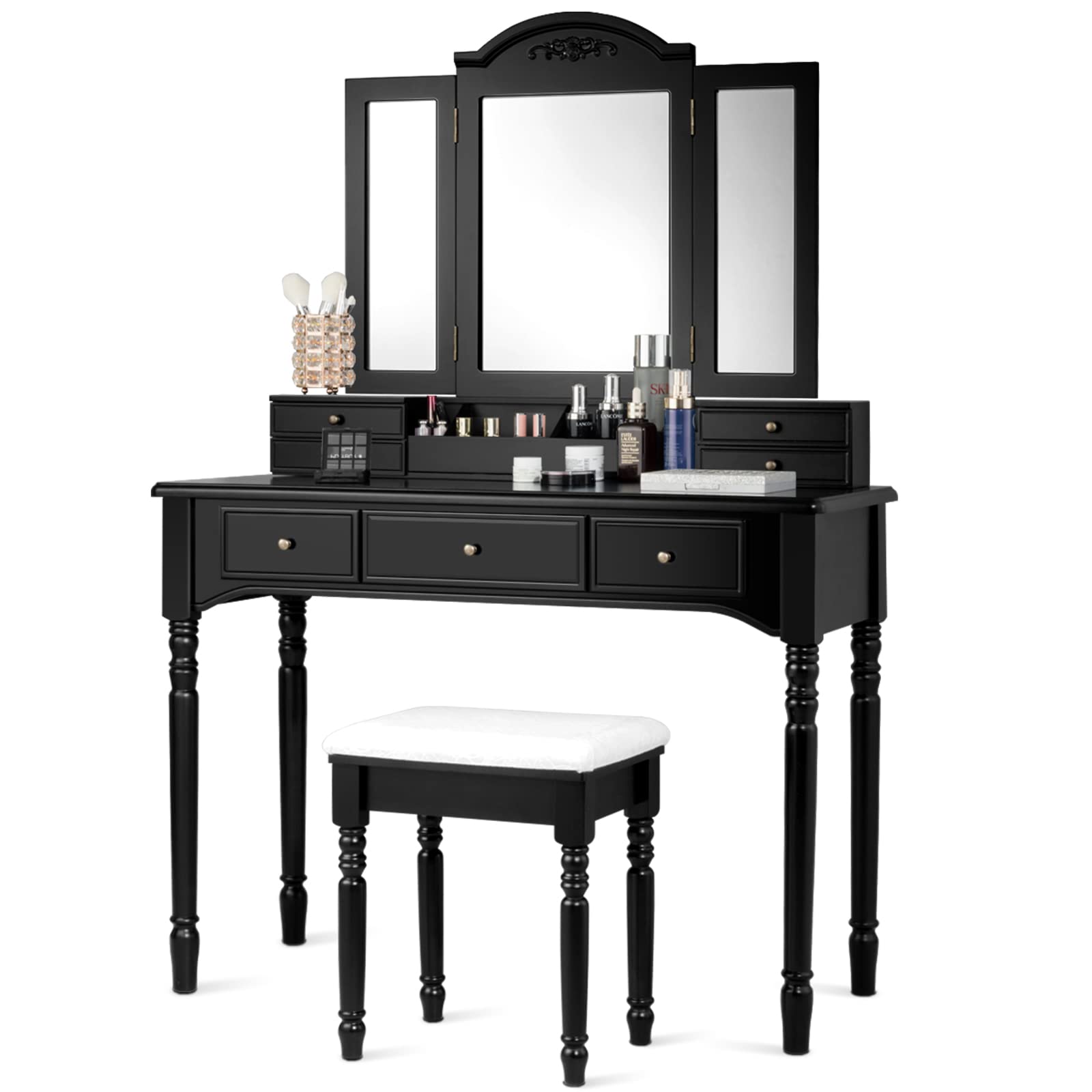 Charmaid Vanity Desk Set with Mirror & Stool - 7 Drawers, 8 Hooks - Makeup Dressing Table for Women Bedroom