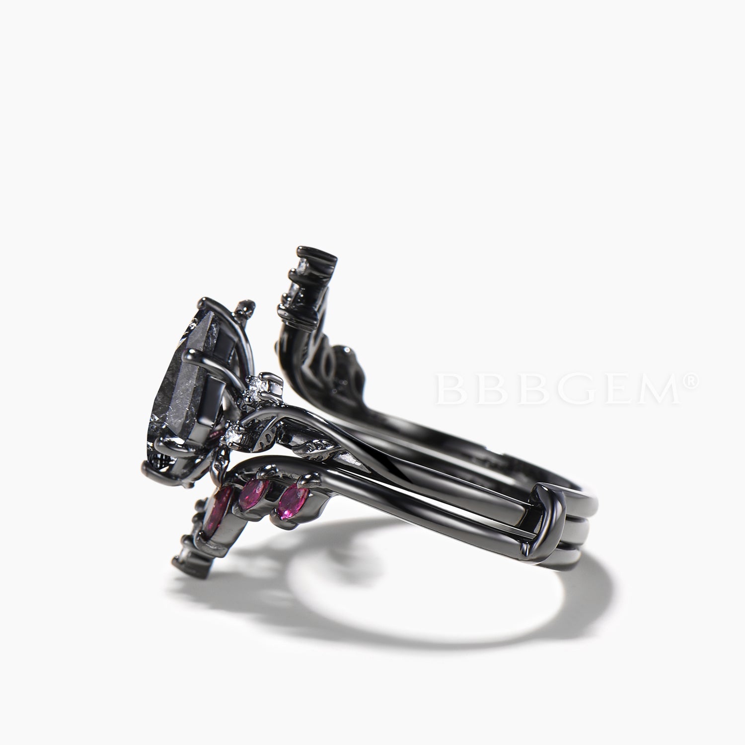 Nature Inspired Kite Cut Salt and Pepper Diamond Bridal Ring Set with Ruby Twig Band – Perfect for Boho Wedding, Engagement, and Vintage Style Jewelry Lovers