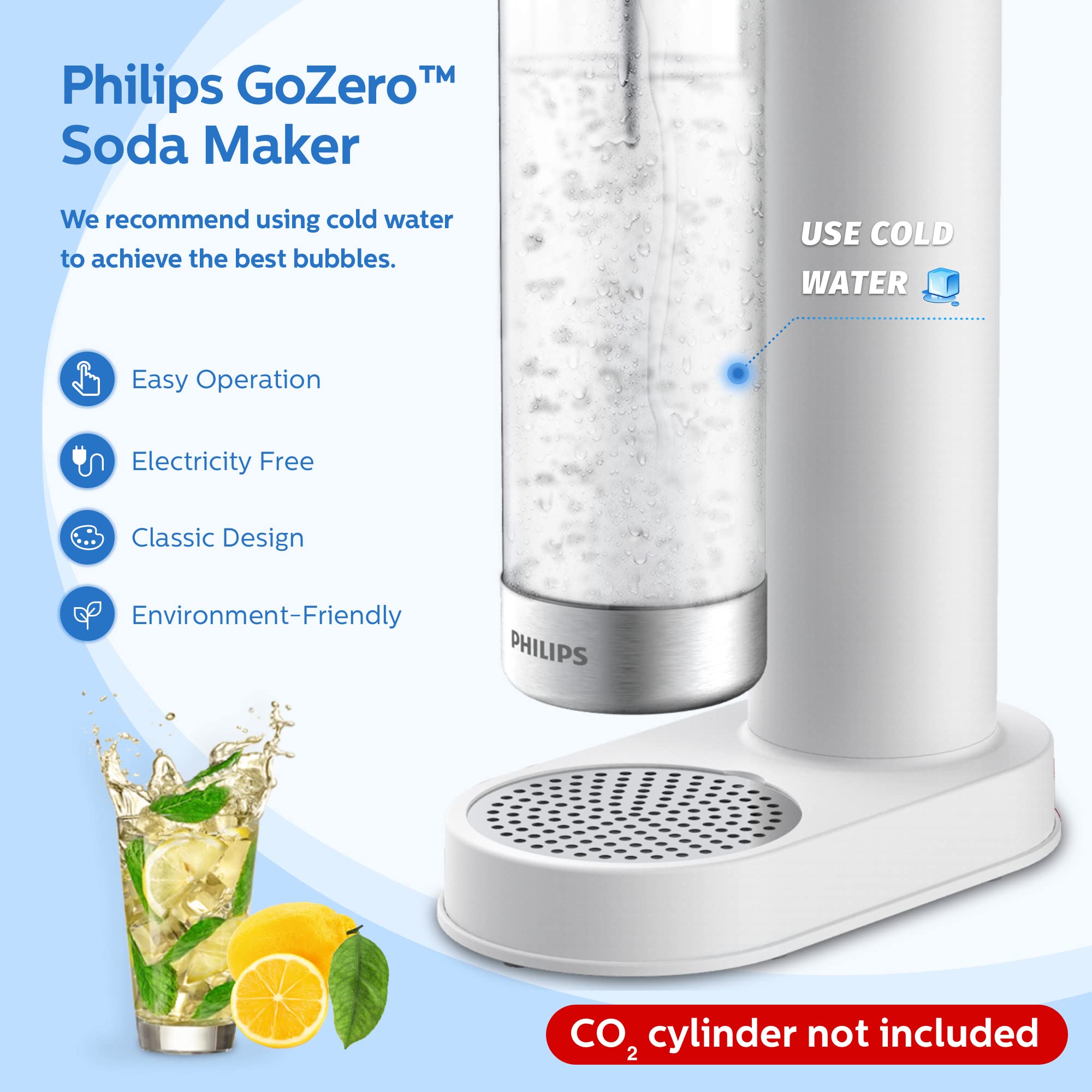Philips Stainless Steel Sparkling Water Maker with 2 Carbonating Bottles (1L Twin Pack) - Perfect for Home, Office & Parties | Effervescent Drink Solution