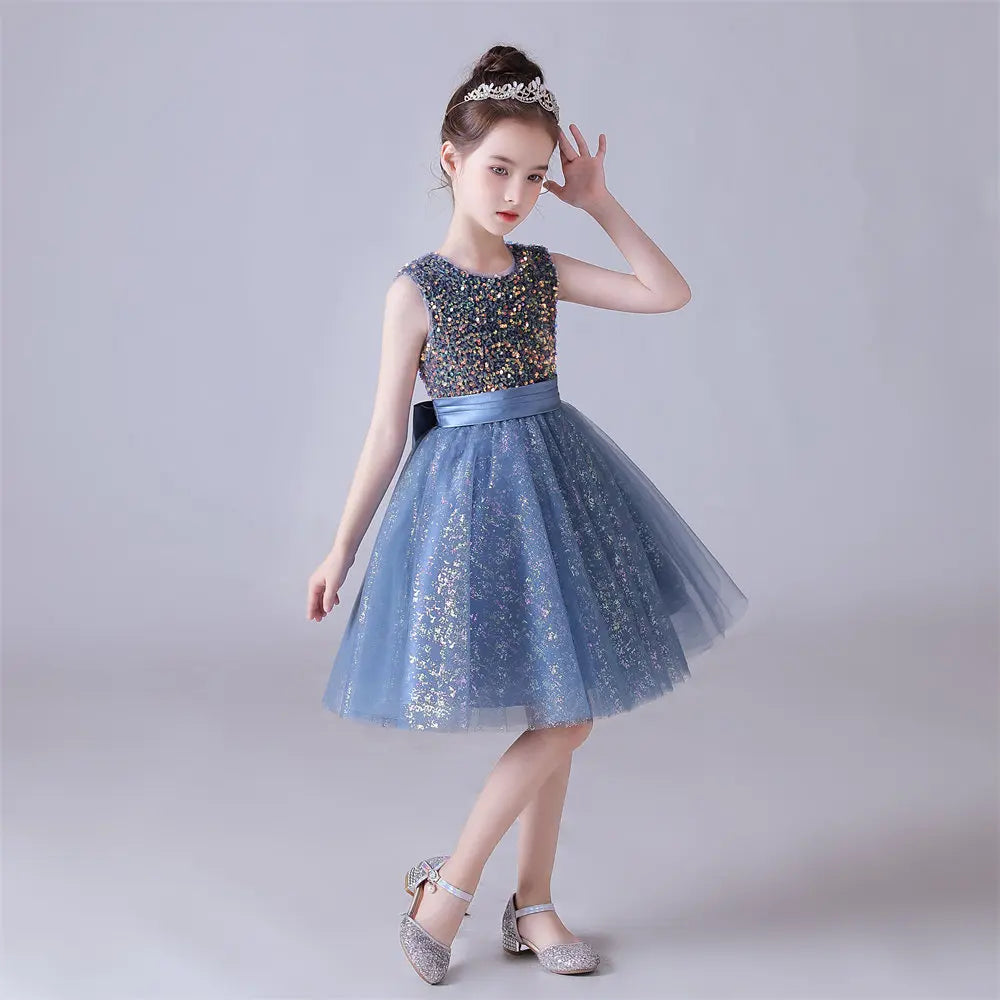 Adorable Sleeveless Flower Girl Dress in Blue Tulle with Sequin Embellishments - Perfect for Weddings, Baptisms & Special Occasions