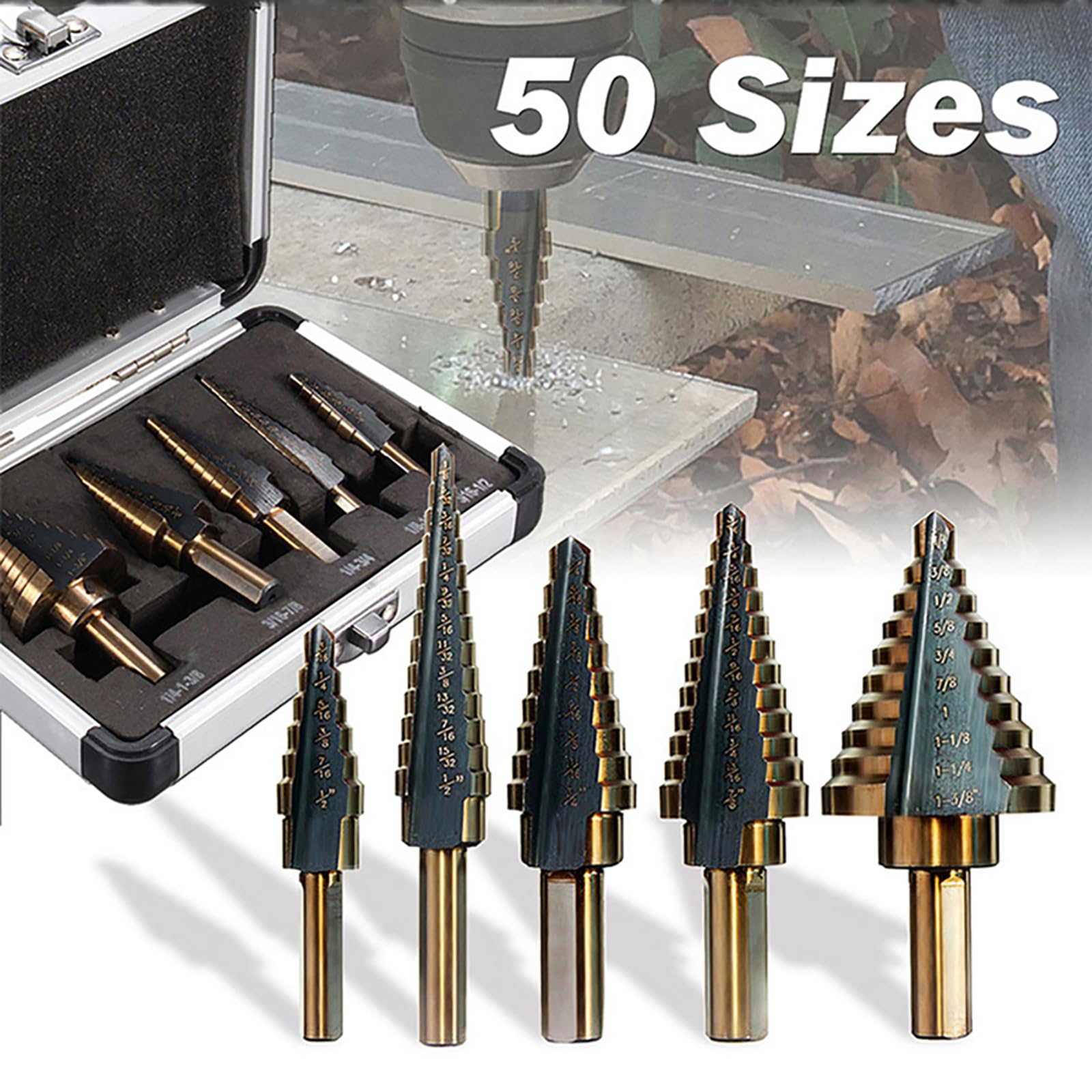 High-Speed Steel (HSS) Titanium Step Drill Bit Set - 5PCS 50 Sizes SAE Cone Drill Bits for Metal, Wood & Plastic - Includes Durable Aluminum Case - Perfect for DIY Projects, Home Repairs & Professional Metalworking