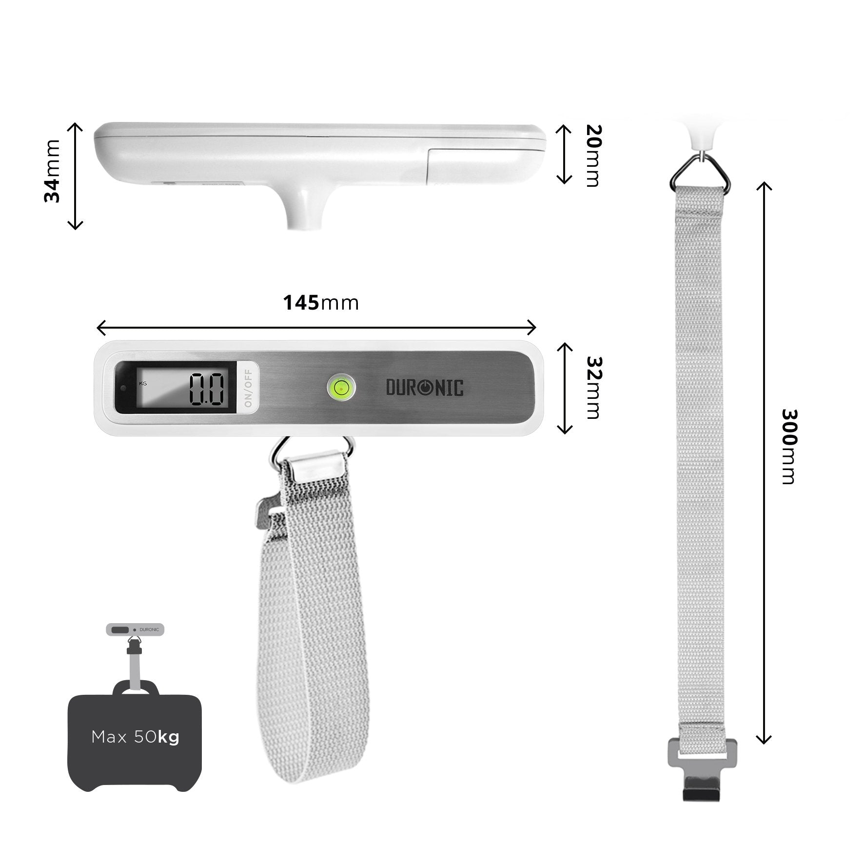 Duronic Digital Luggage Scale LS1019 | 50kg/110lb Capacity | Portable Suitcase & Bag Weighing Scale for Air Travel | Compact Design with Strong Straps | Includes Battery | Perfect for Airlines, Cruise Ships & Vacation Packing