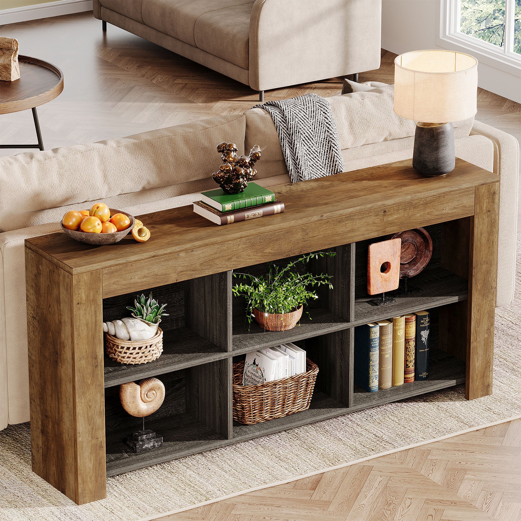 Rustic Wood Sofa Table with 6 Storage Cubes - Entryway Console Table for Living Room, Hallway & Home Decor