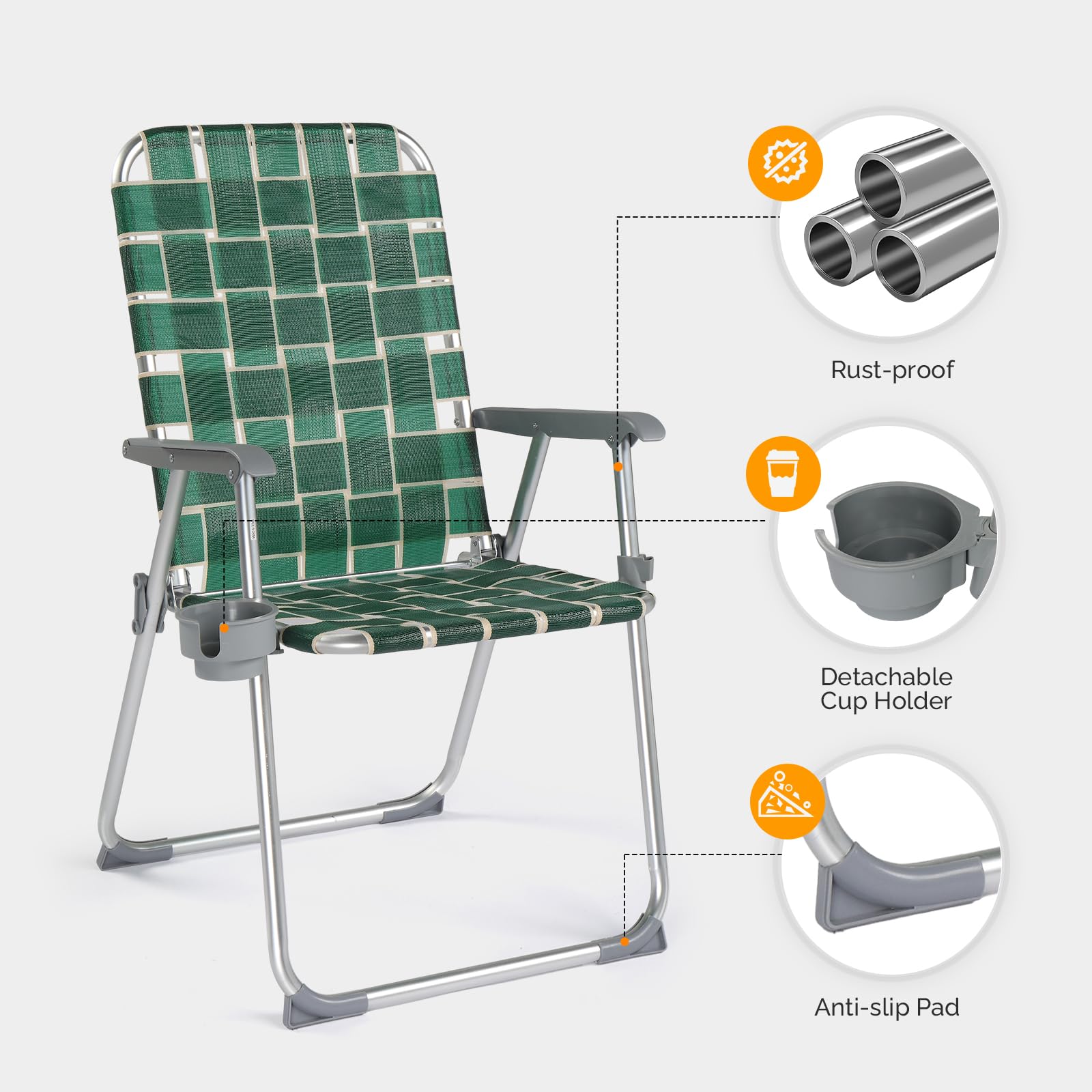 VINGLI 2 Pack Folding Aluminum Lawn Chairs with Cup Holder - Heavy Duty Portable Beach Chairs for Adults, Patio & Camping Chairs for Backyard, Garden, Poolside & Outdoor Relaxation
