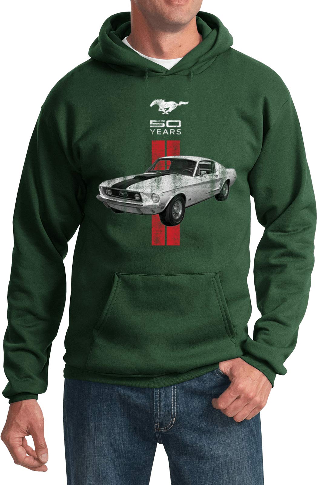 Ford Mustang Hoodie with Red Stripe - 50th Anniversary Edition | Vintage Car Enthusiast Apparel for Casual Wear & Car Shows