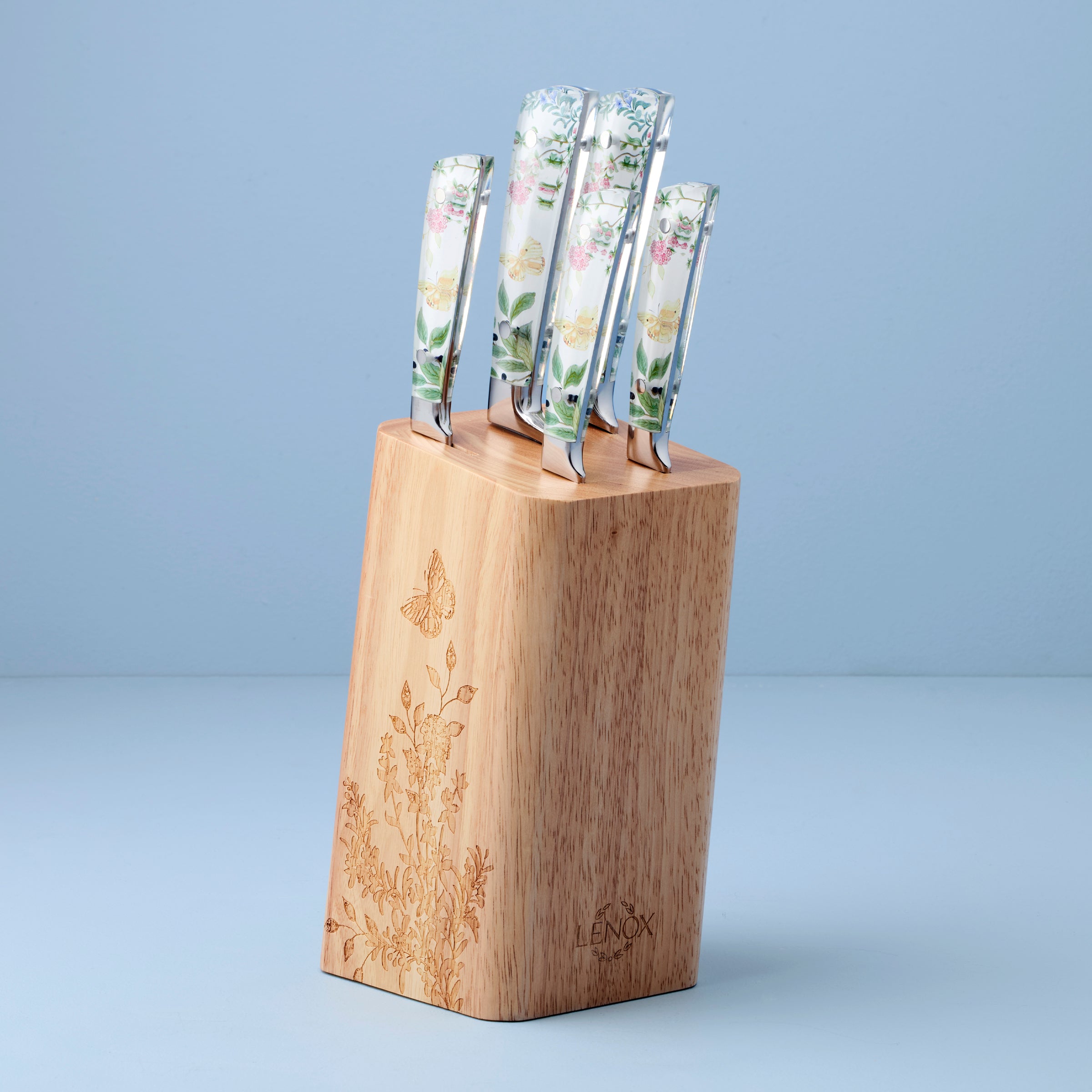Butterfly Meadow Herbs 6-Piece Cutlery Block Set - Premium Wooden Knife Holder with Stainless Steel Knives - Perfect for Kitchen Storage & Countertop Organization
