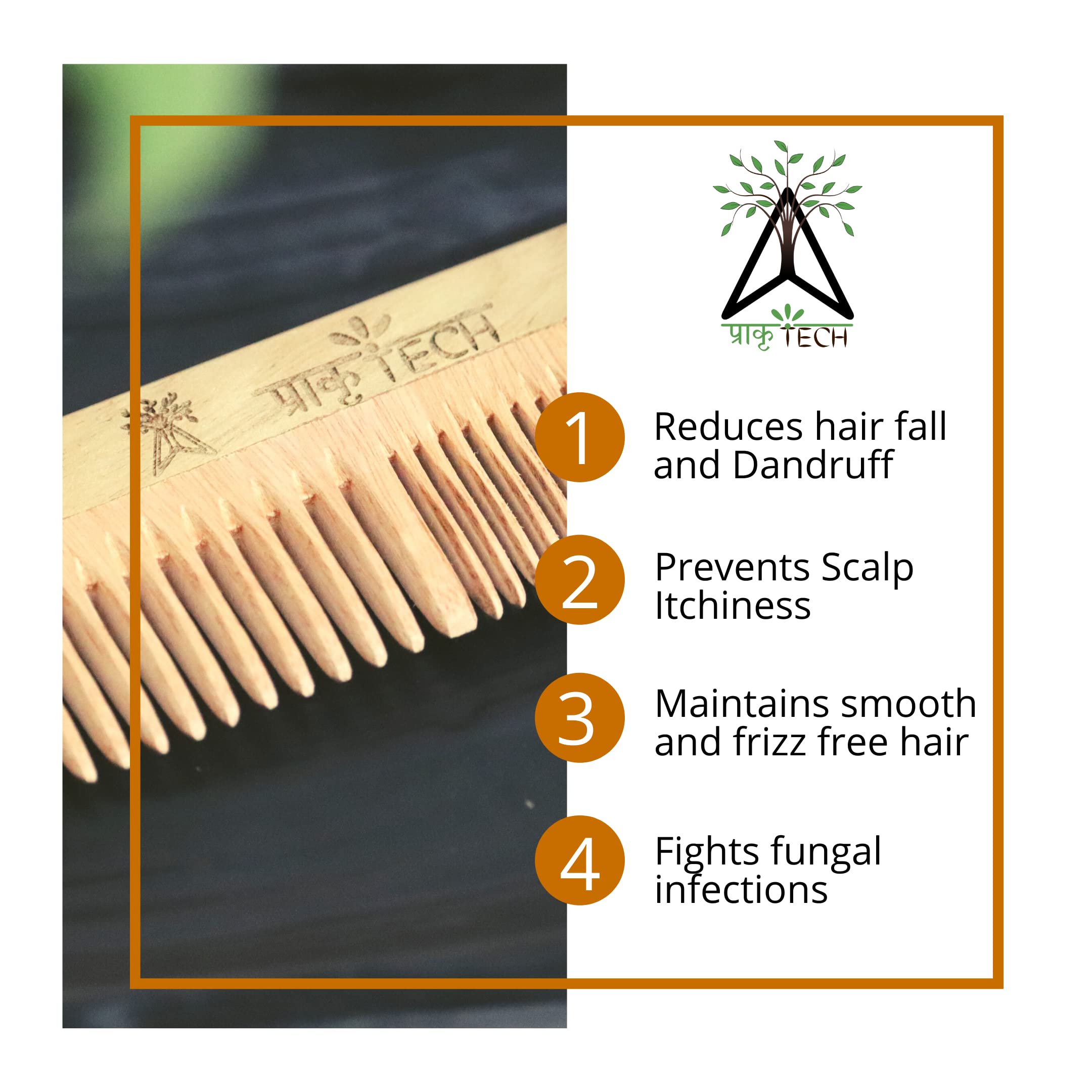 PRAKRTECH Neem Wood Shampoo Comb - Anti Dandruff & Hair Loss Prevention Comb for Scalp Massage | Natural Ayurvedic Hair Care Tool for Men & Women | Perfect for Daily Use, Travel & Salon Styling
