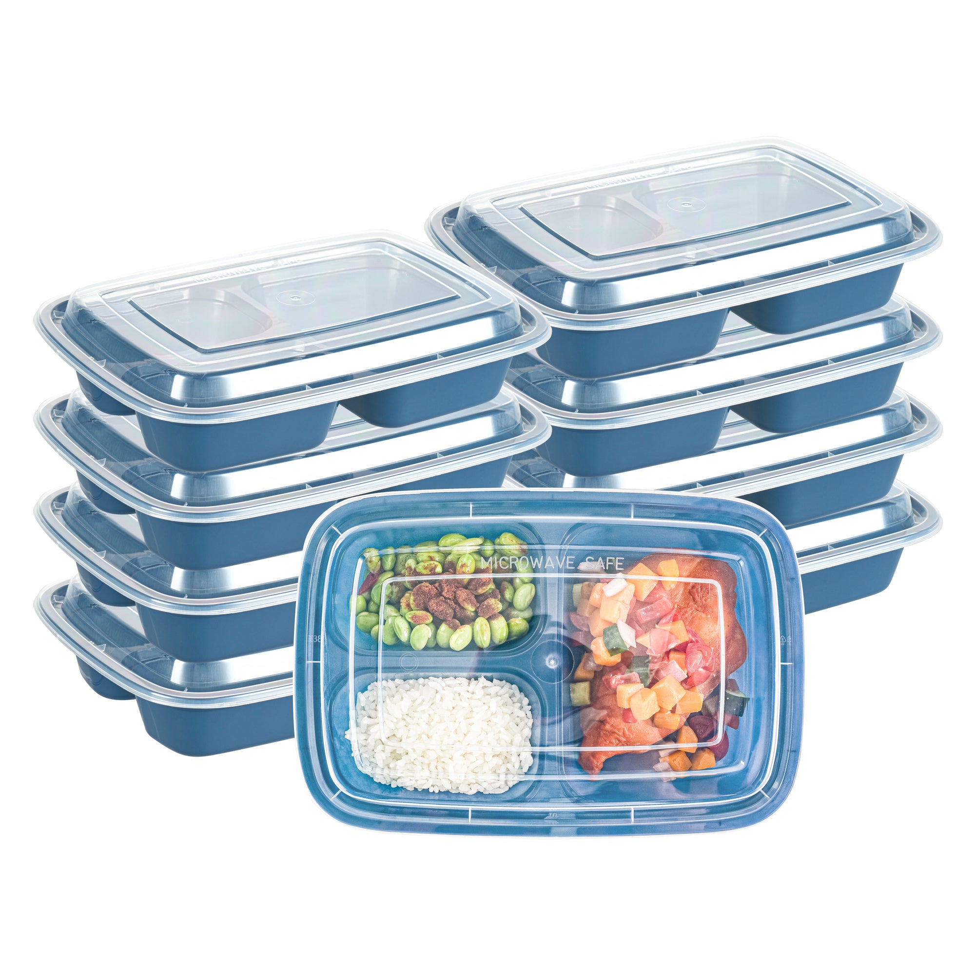 Asporto 26 oz 3-Compartment Plastic Food Storage Containers with Clear Lids - Microwave Safe, BPA Free (8.75
