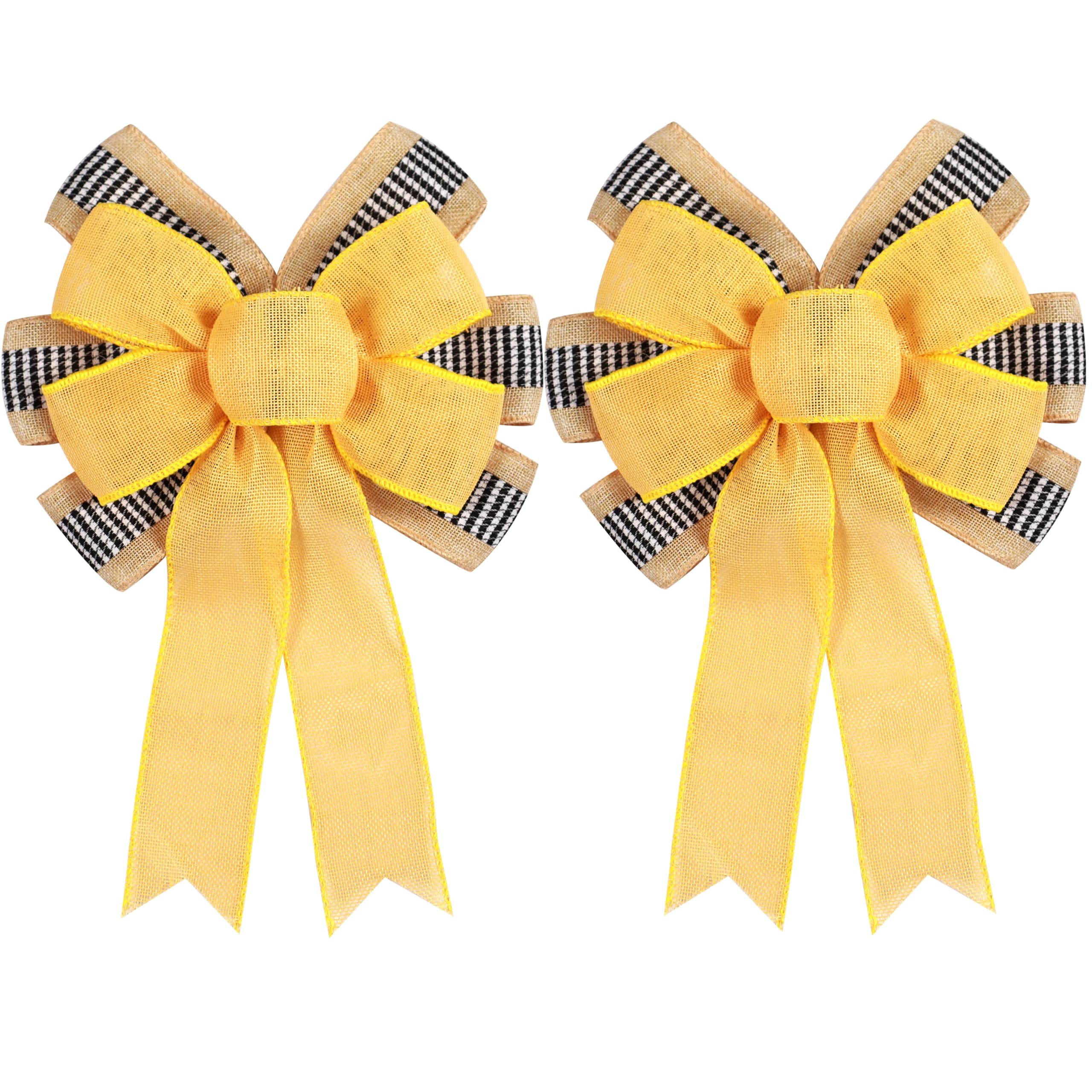 2 Pack Spring Summer Wreath Bows - Yellow Burlap & Black White Stripe Ribbon Decor for Holiday Tree Topper, Front Door, Outdoor Home Decor - Perfect for Easter, Mother's Day & Summer Door Wreath Accents