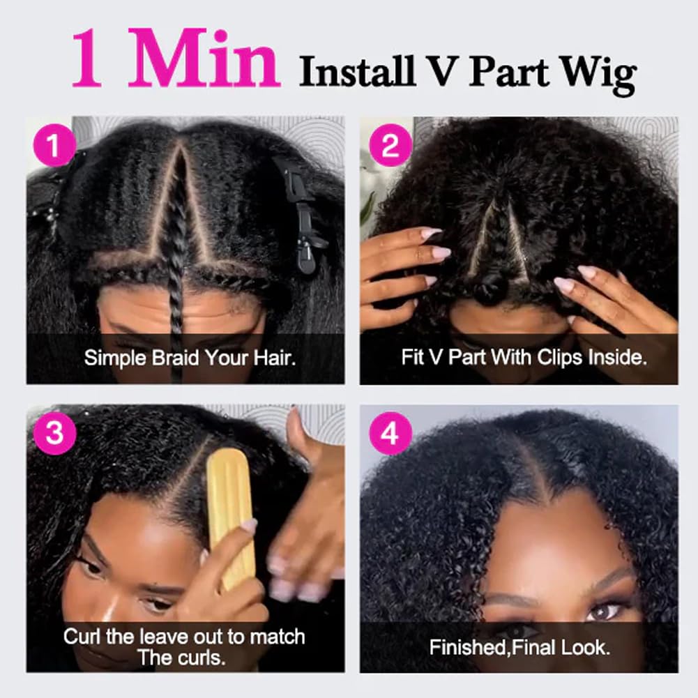 V SHOW 20 Inch V Part Deep Wave Human Hair Wigs - Glueless No Leave Out Curly Wave U Part Wig 150% Density (Natural Black) for Women | Perfect for Daily Wear, Parties & Special Occasions