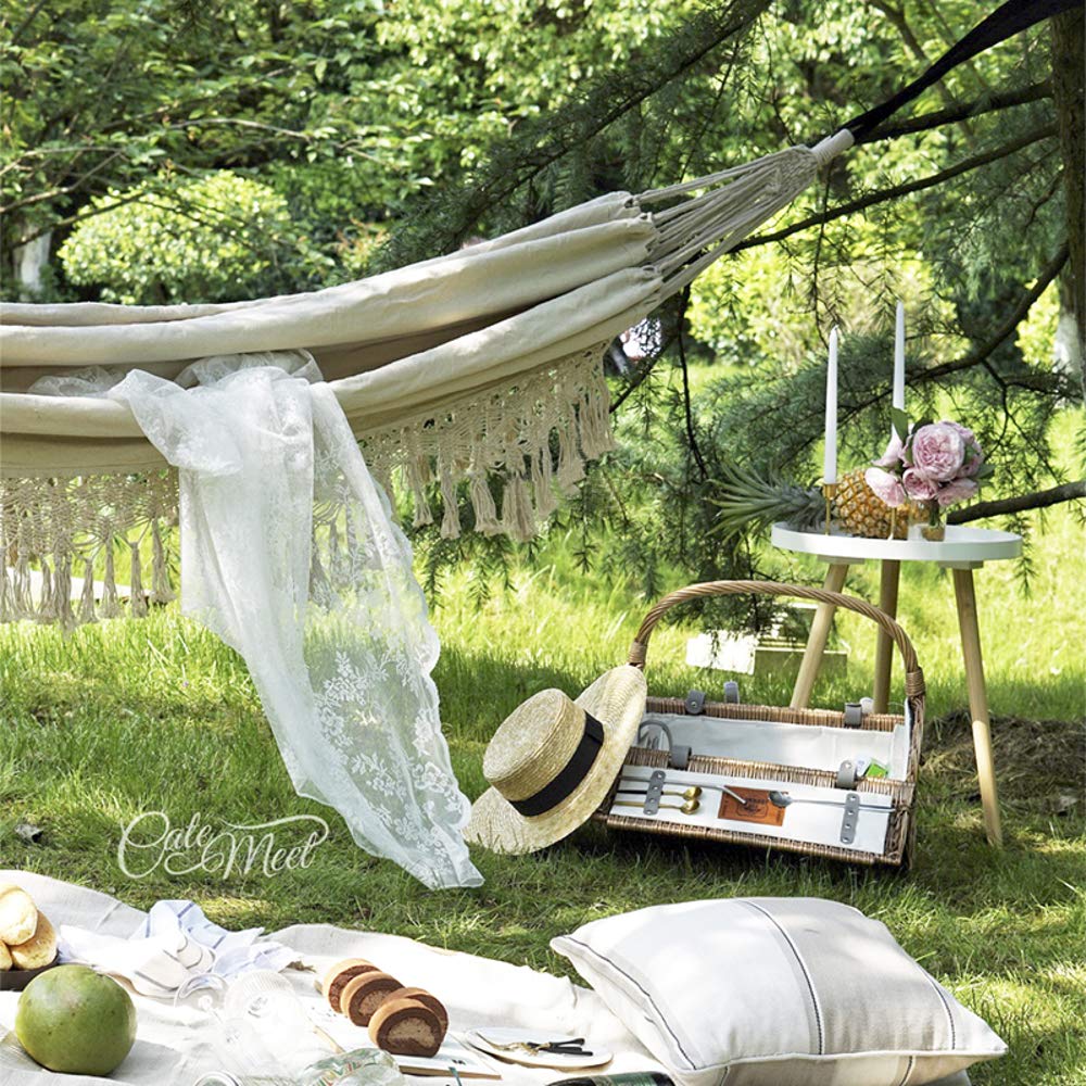 Handmade Organic Cotton Hammock with Macrame Fringe - Classic Tree Swing Bed for Camping, Beach, Bedroom & Outdoor Relaxation | Perfect for Patio, Porch, Yard Decor & Wedding Events