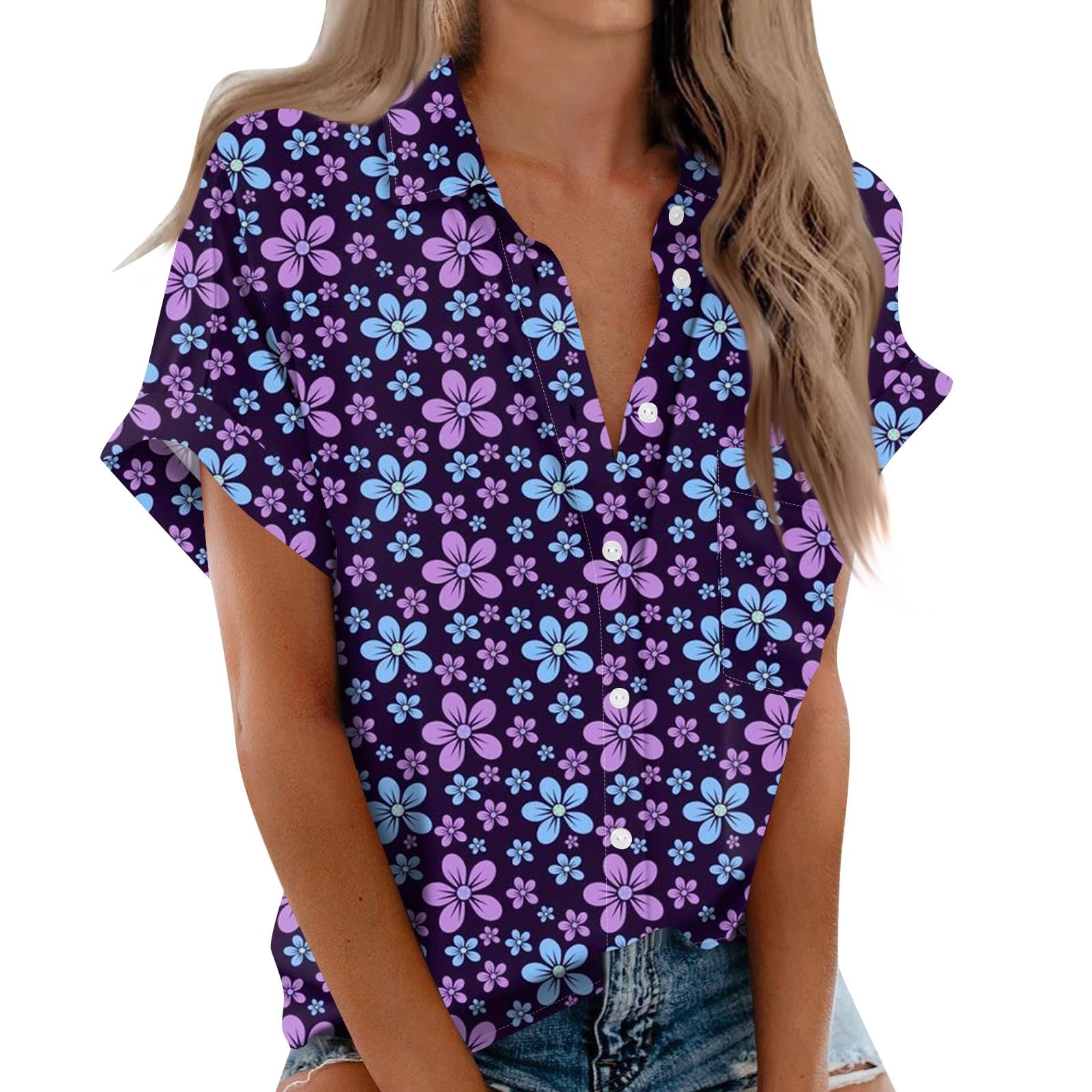 FQZWONG Women's Summer Button Down Shirts - Short Sleeve Blouses with Chest Pocket | Casual Tops for Work, Vacation & Everyday Wear