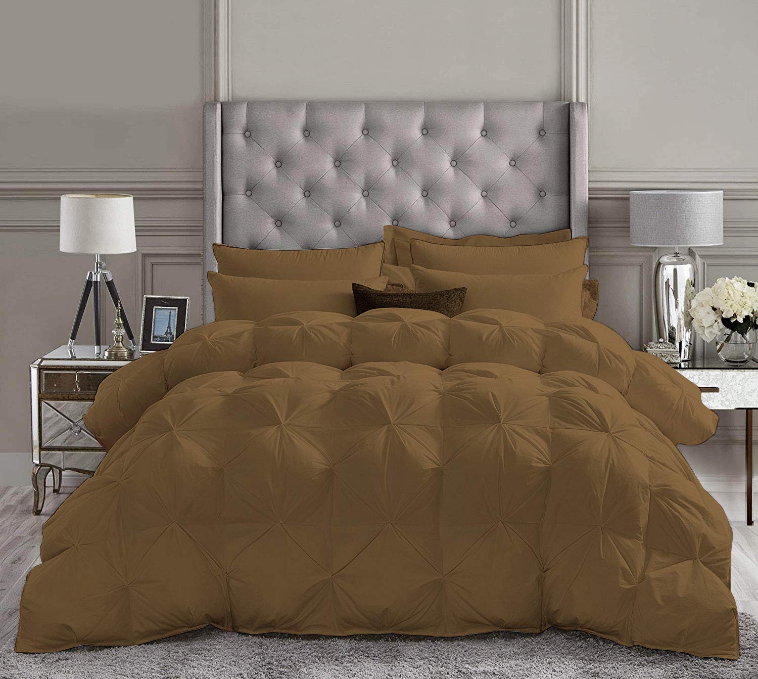 Pinch Pleated 100% Cotton Comforter - Lightweight All Season Down Alternative Bedding | Soft Quilted Cooling Comforter for Warm Weather & Hot Sleepers | King/California King Size in Brown | Perfect for Summer Nights & Temperature Regulation