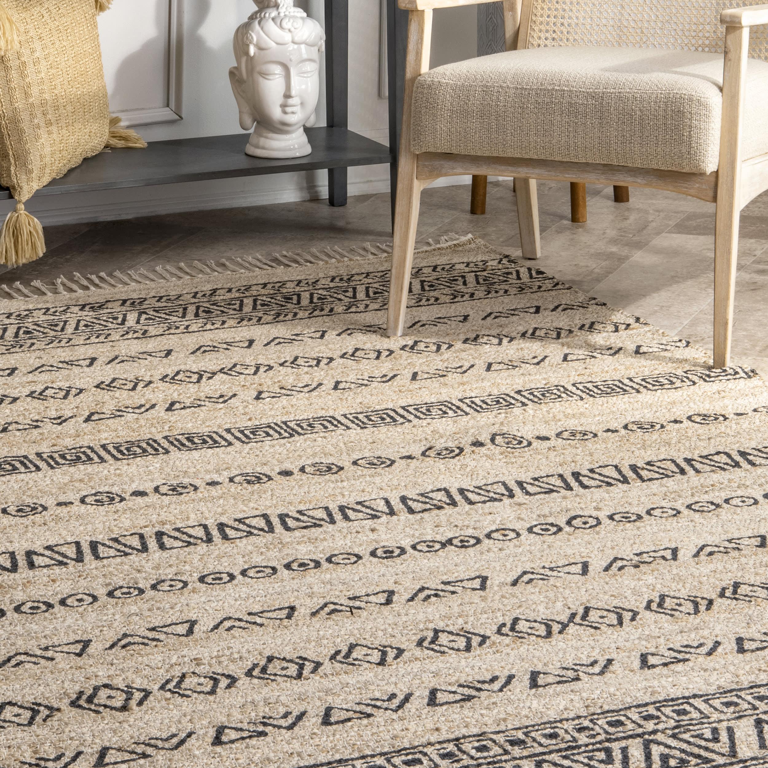 Handwoven Banded Fiesta Area Rug - Natural Jute Fiber Bohemian Style Floor Mat for Living Room, Bedroom & Dining Area Decor