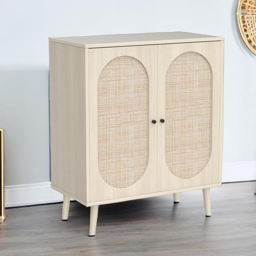 Rattan 2-Door Buffet Sideboard Cabinet with 2 Adjustable Shelves - Freestanding Console Table for Entryway, Kitchen & Dining Room - Natural Woven Accent Storage Furniture for Home Decor