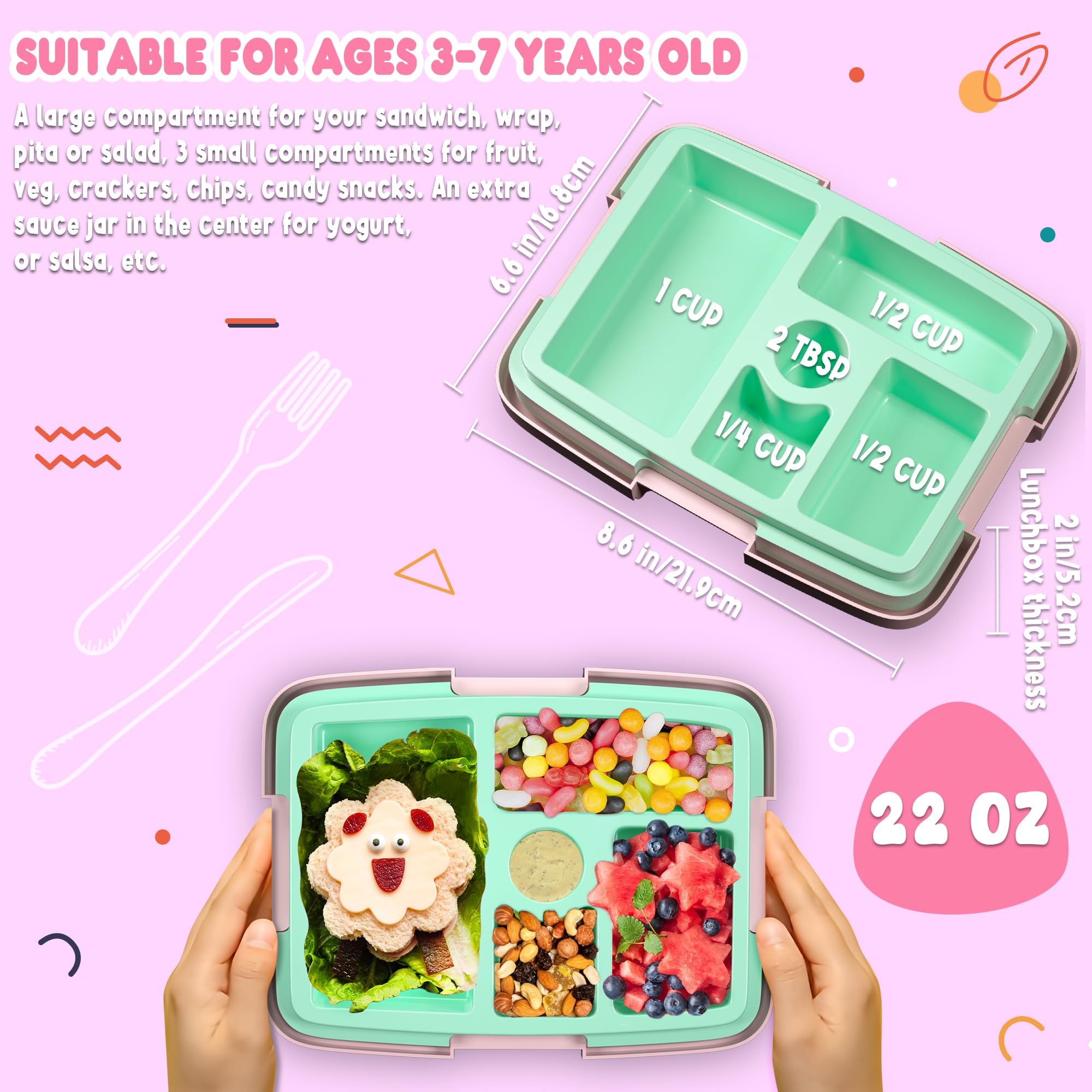 HiYZ 5-Compartment Bento Lunch Box for Kids - Leakproof, Durable & Dishwasher Safe - Perfect Portion Sizes for Toddlers Aged 3-7 - Ballet Design for Daycare, School & Picnics
