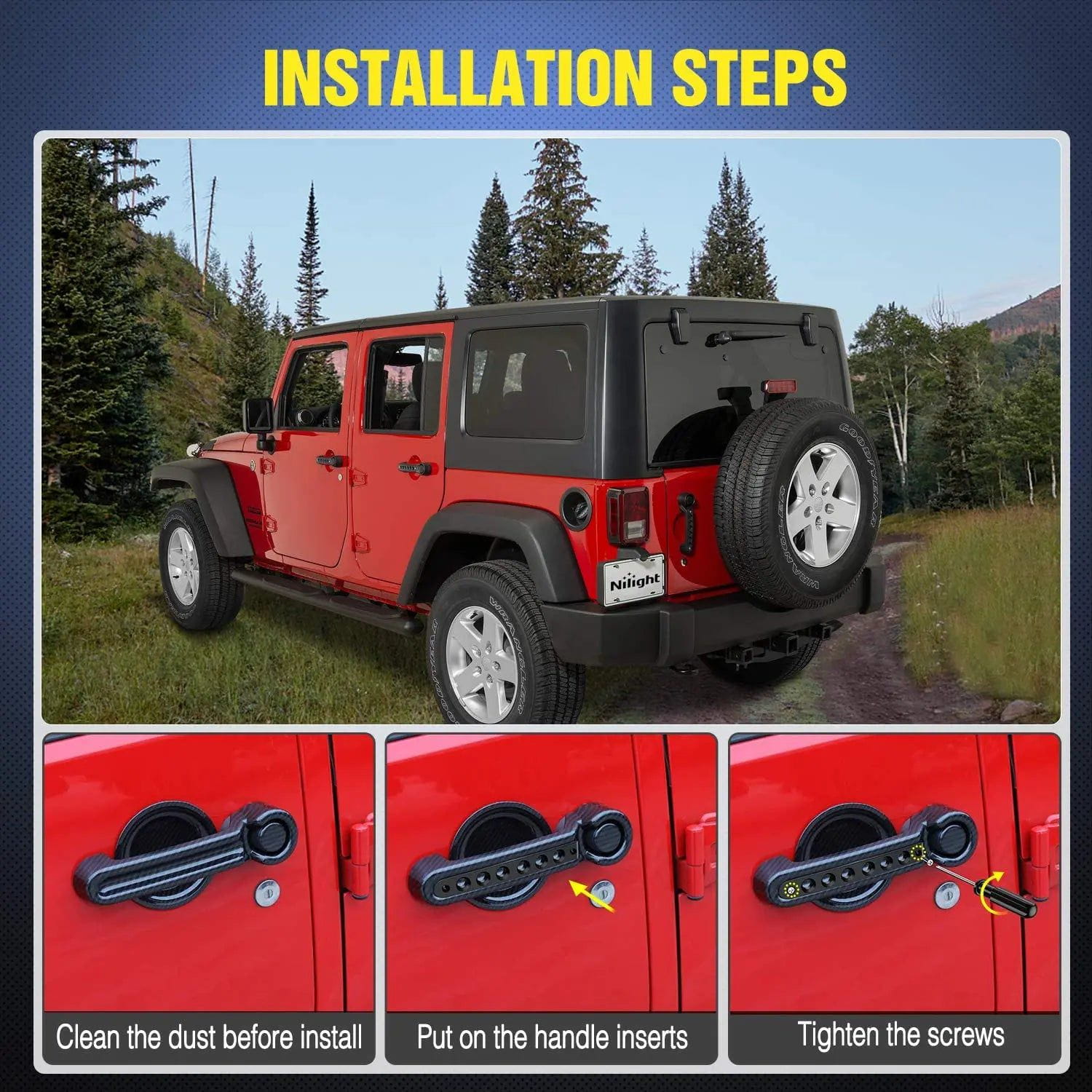 2007-2017 Jeep Wrangler JK JKU Aluminum Door Grab Handle Inserts - Durable Upgrade for Off-Road & Daily Driving