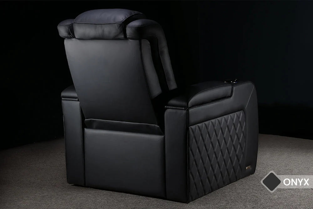 Valencia 2025 New Tuscany Ultimate Luxury Heated & Ventilated Leather Home Theater Seating - 4-Seater Loveseat with Center Console in Onyx Black | Perfect for Movie Nights & Home Entertainment Rooms