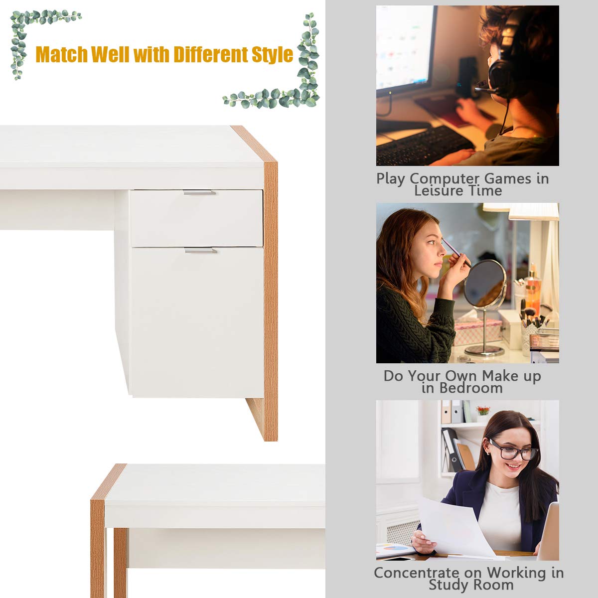 Tangkula Wooden Home Office Desk with Drawer & Cabinet - PC Laptop Workstation Study Writing Desk for Bedroom, Home Office - White & Natural - Perfect for Remote Work, Online Classes & Small Space Solutions