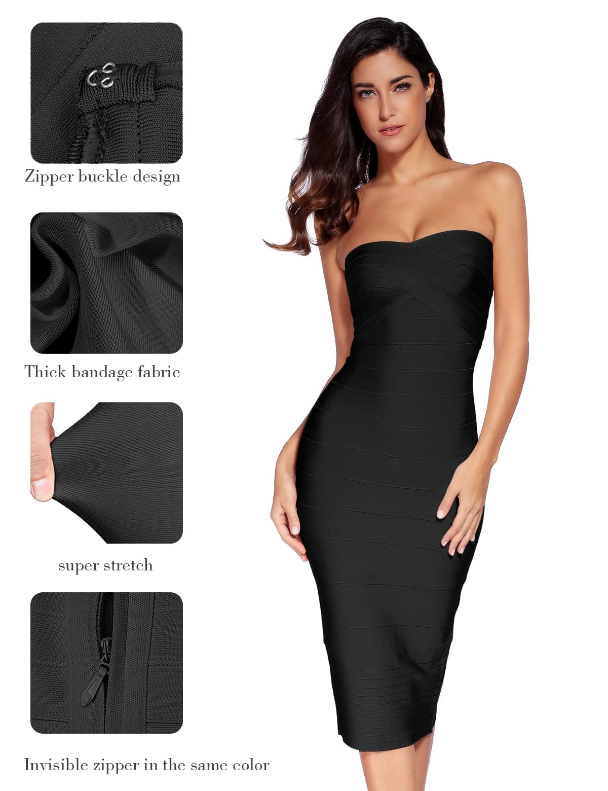 Elegant Women's Midi Cocktail Dress - Strapless Bandage Bodycon Dress for Wedding, Party & Special Occasions | Perfect for Evening Events, Date Nights & Formal Gatherings