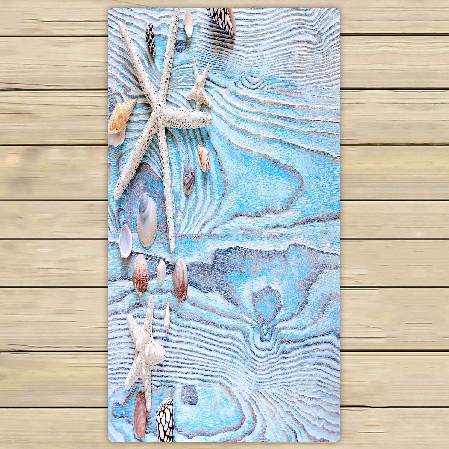 ECZJNT Blue Wooden Beach Bath Towel with Summer Sea Shells Star Design - 30x56 Inch Soft Absorbent Shower Towel for Home, Outdoor, Travel & Beach Vacation | Perfect for Pool, Spa, Yoga and Summer Getaways