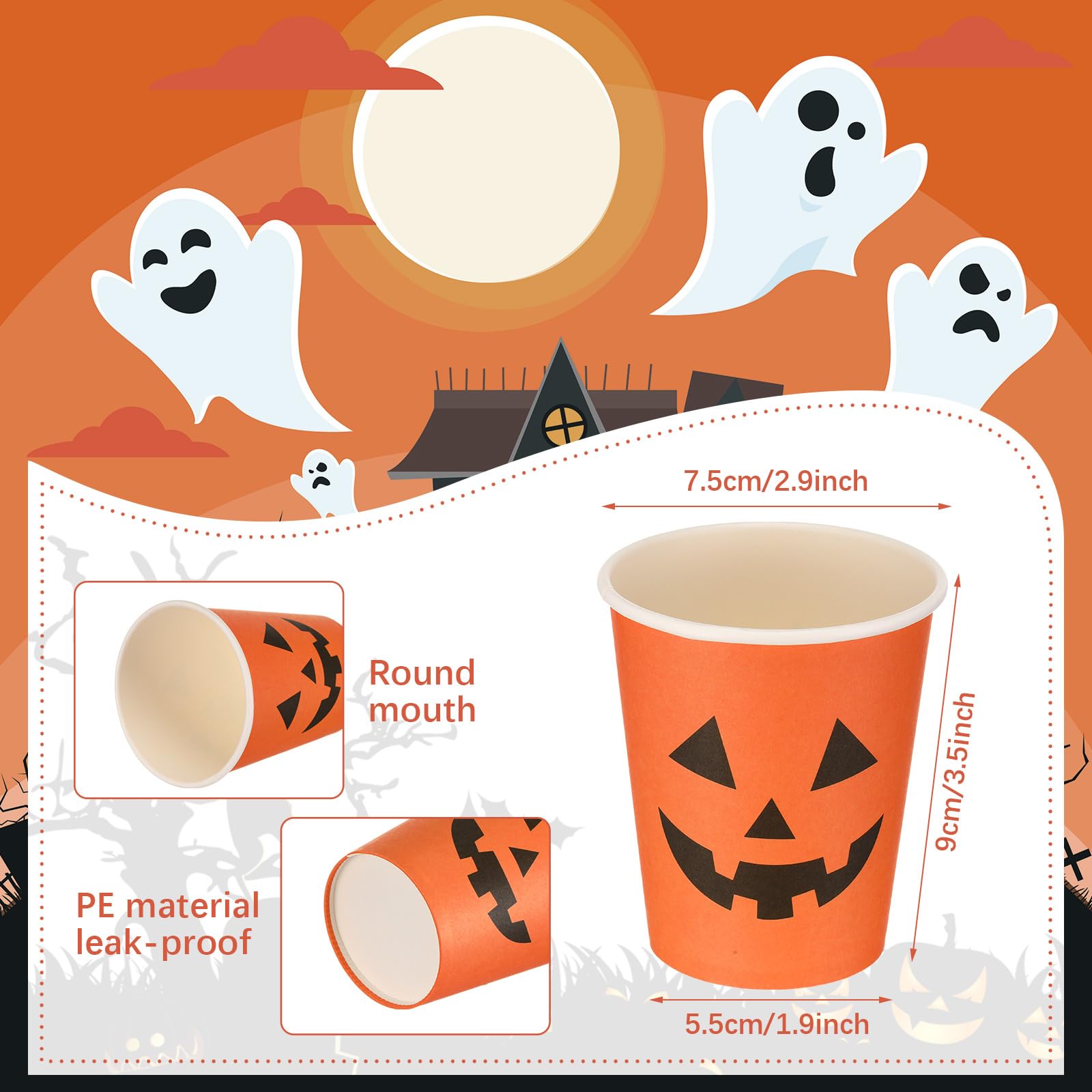 Halloween Paper Cups 100Pcs - 9oz Pumpkin Face Design for Parties & Snacks