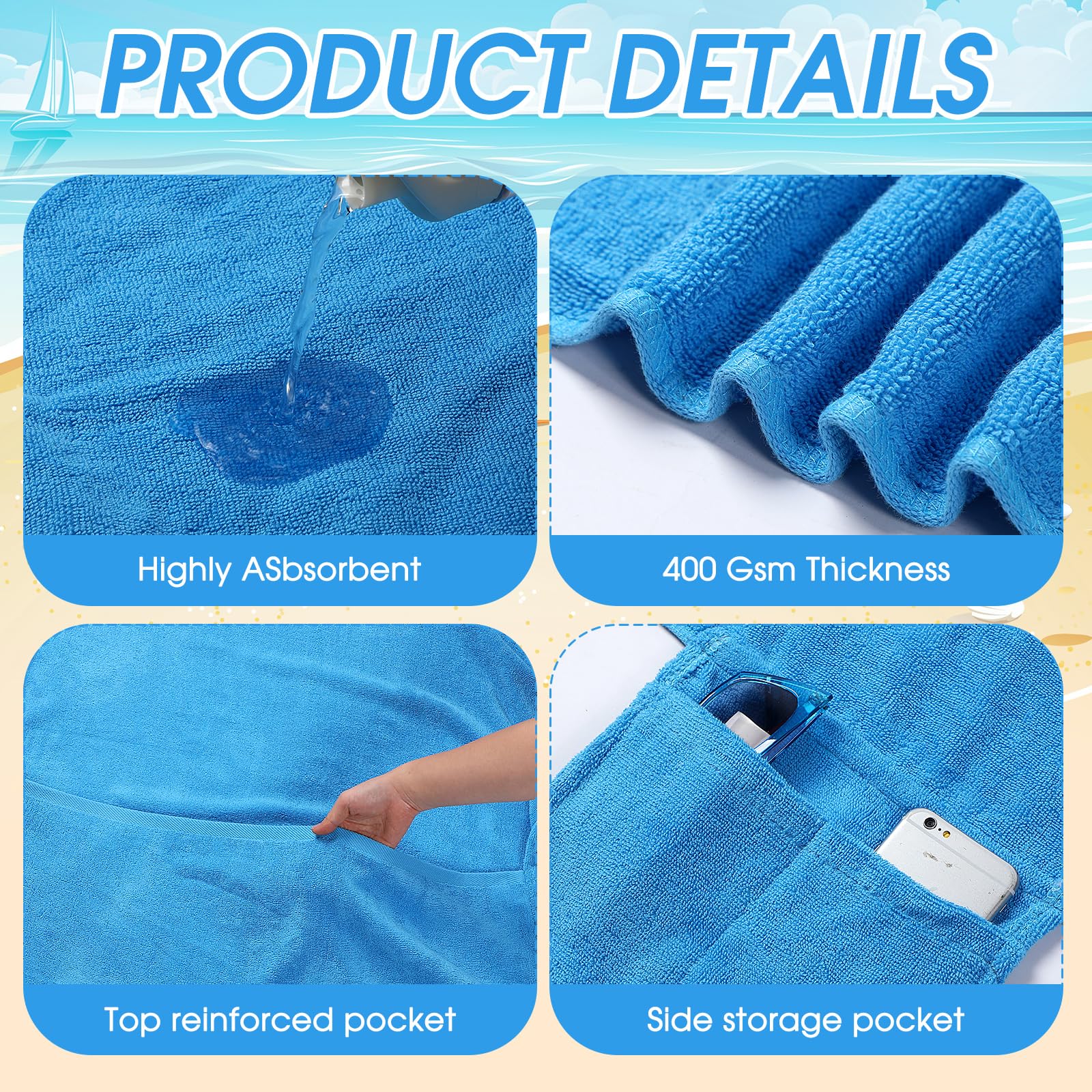 4 Pack Soft Cotton Beach Chair Covers with Side & Top Pockets - Breathable Lounge Chair Towel for Sunbathing, Travel, Poolside & Outdoor Use - Blue Chaise Lounge Towel Cover (Perfect for Beach, Backyard, Patio & Vacation)