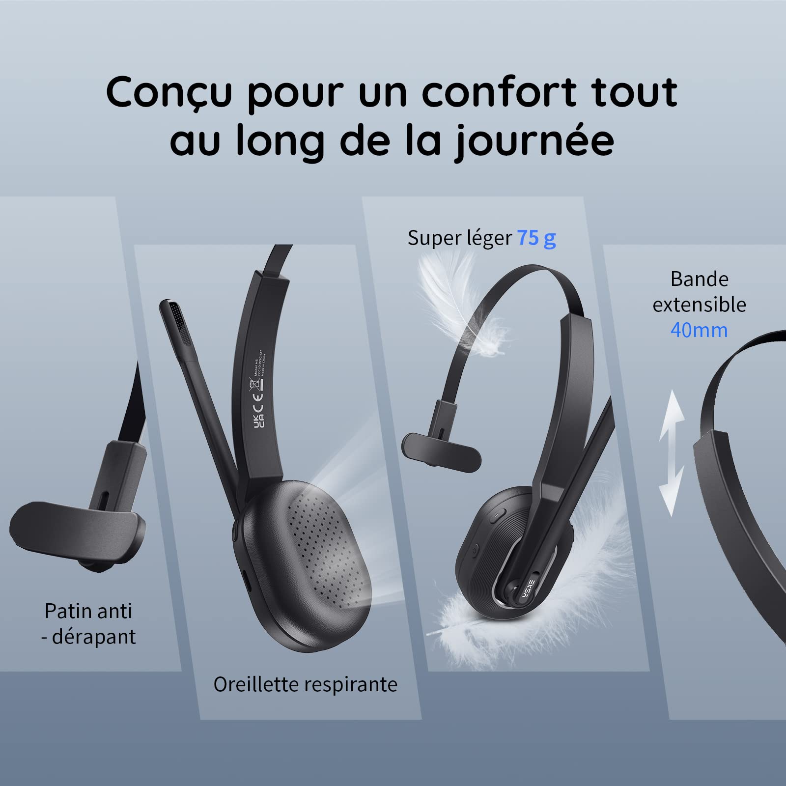 EKSA H5 Wireless Bluetooth Headset with Noise Cancelling AI Mic & USB Dongle - 45H Playtime, 10m Range, Charging Station - Mono PC Headset for Office, Call Center, Remote Work & Online Meetings