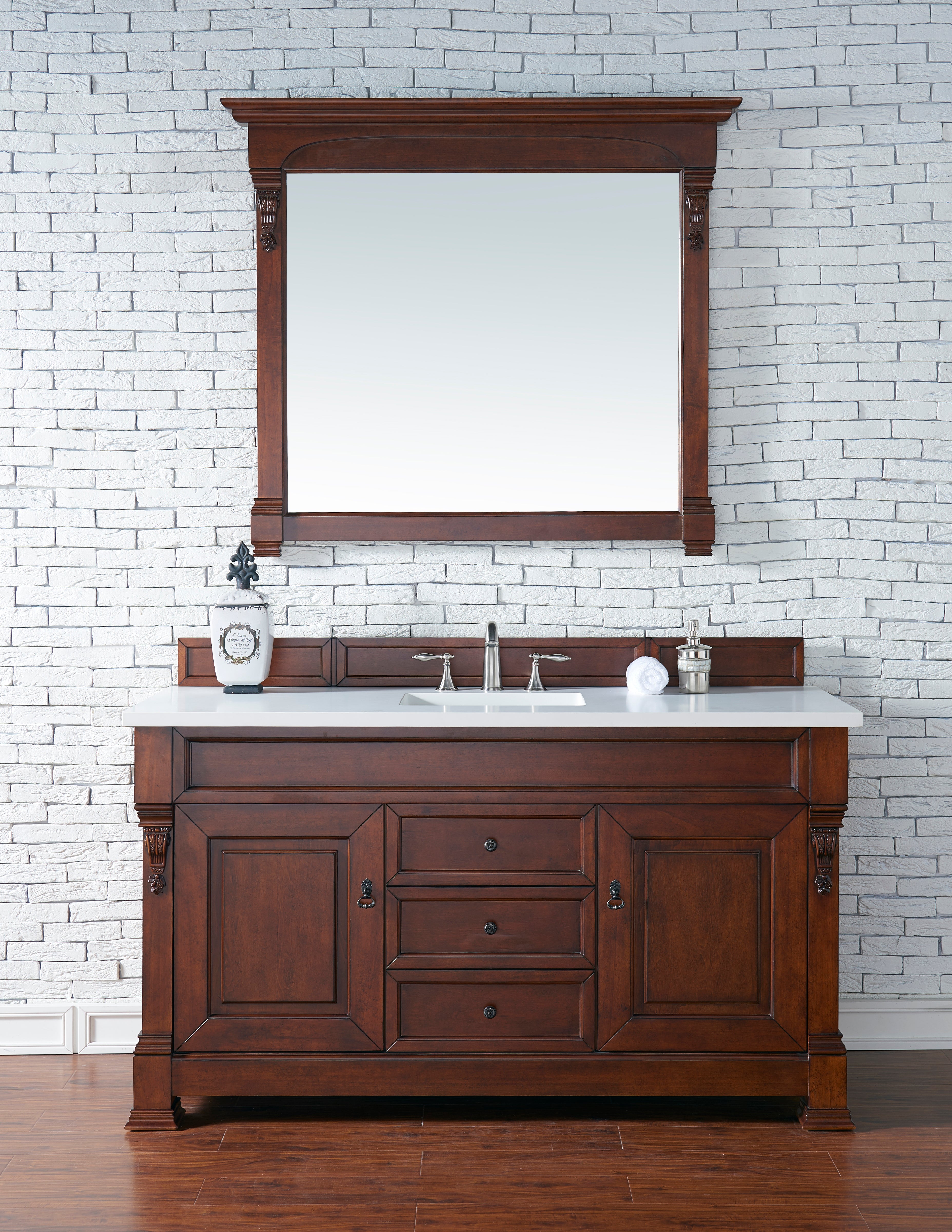 Brookfield 60 Inch Single Bathroom Vanity with Warm Cherry Finish & 3CM White Zeus Quartz Countertop - Perfect for Modern Home Bathroom Renovation