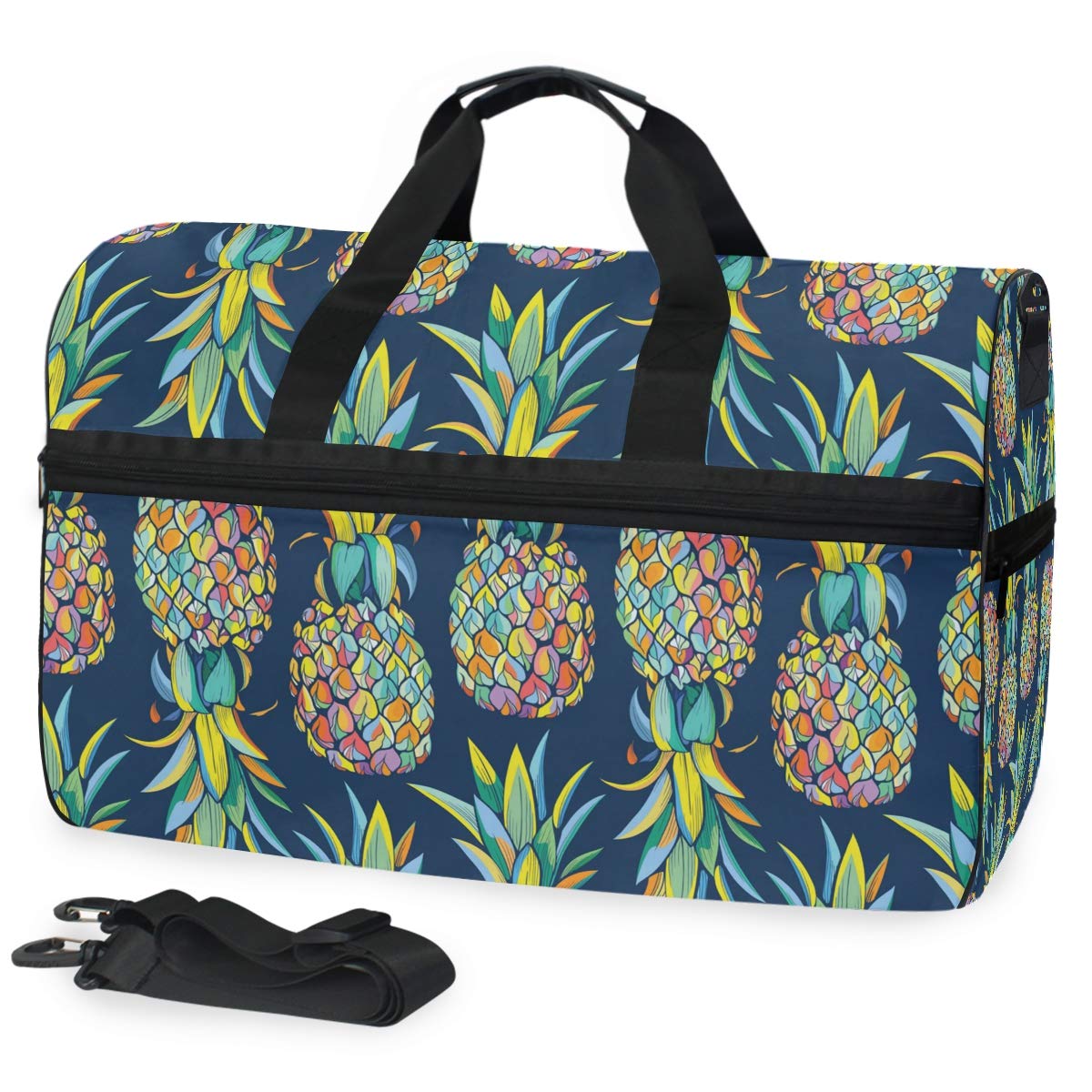Stylish Tropical Pineapple Print Travel Duffel Bag for Women & Men - Waterproof Gym Bag with Separate Shoe Compartment - Perfect for Sports, Weekend Getaways & Overnight Trips