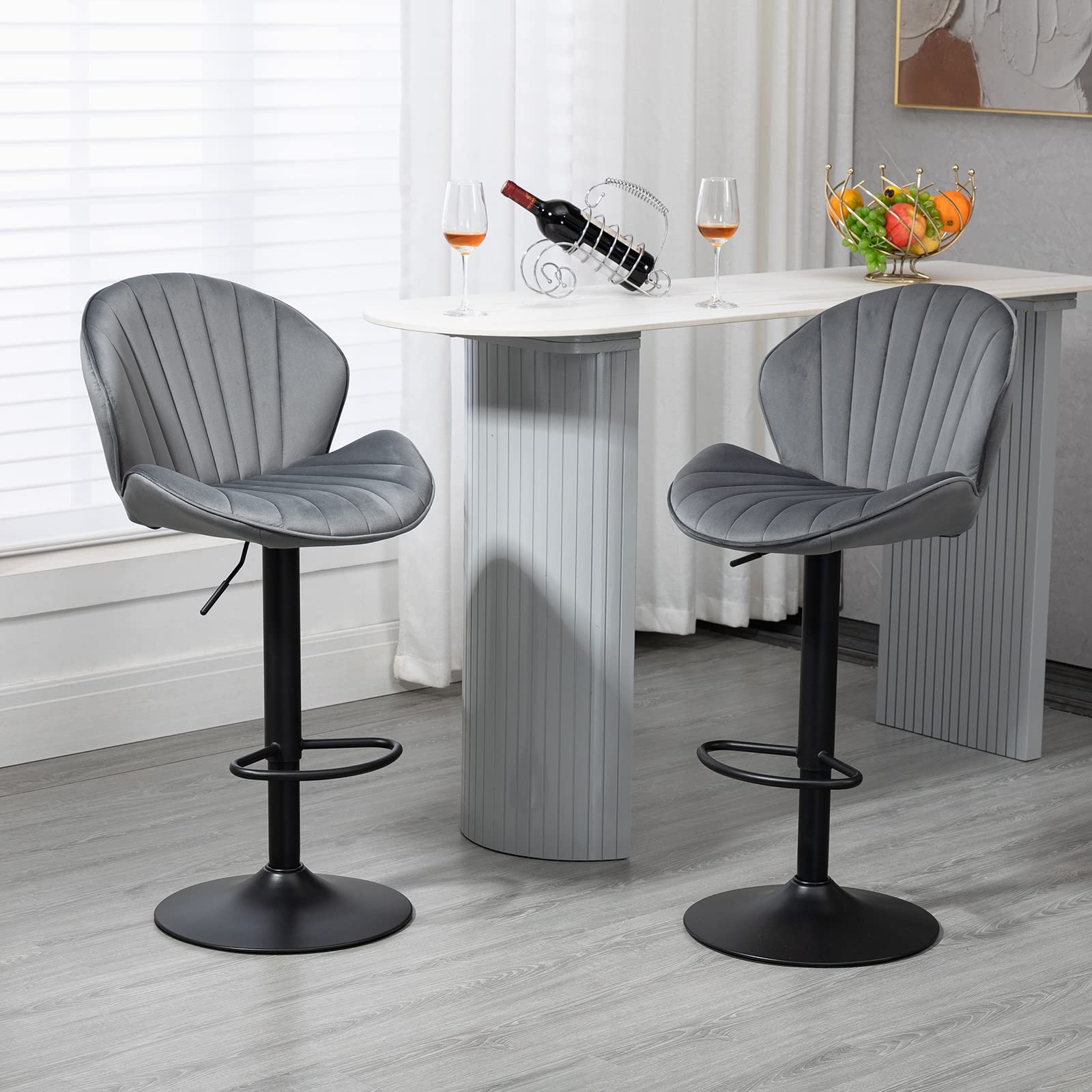 2-Pack Swivel Bar Stools with High Back & Footrest - Adjustable Velvet Upholstered Counter Height Stools for Kitchen, Dining Room, Bar & Club - Perfect for Entertaining & Home Decor (Gray)