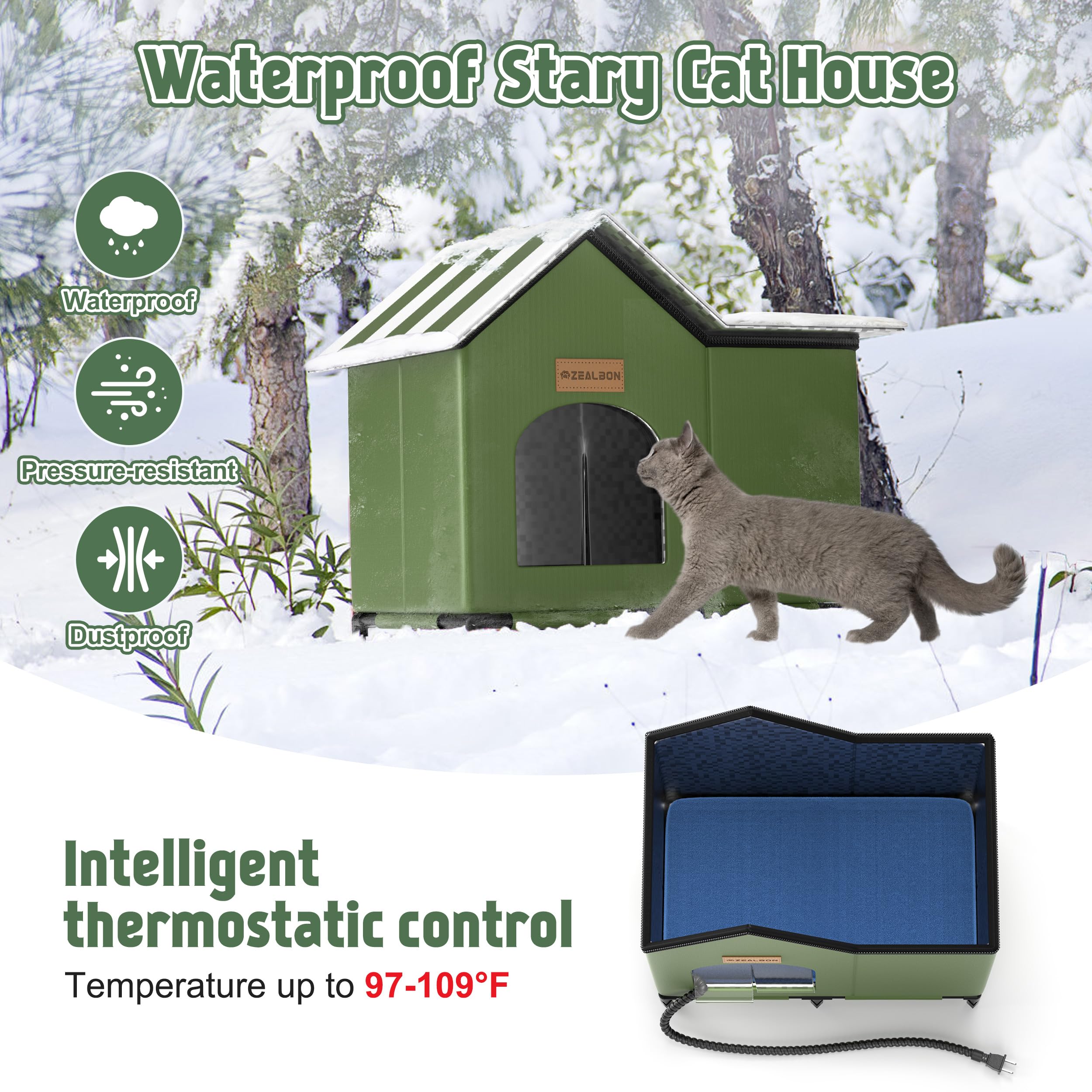 Heated Outdoor Cat House for Winter - Insulated, Weatherproof & Waterproof Feral Cat Shelter with Elevated Design & Escape Door - Perfect for Stray Cats, Barn Cats & Outdoor Pets in Cold Weather