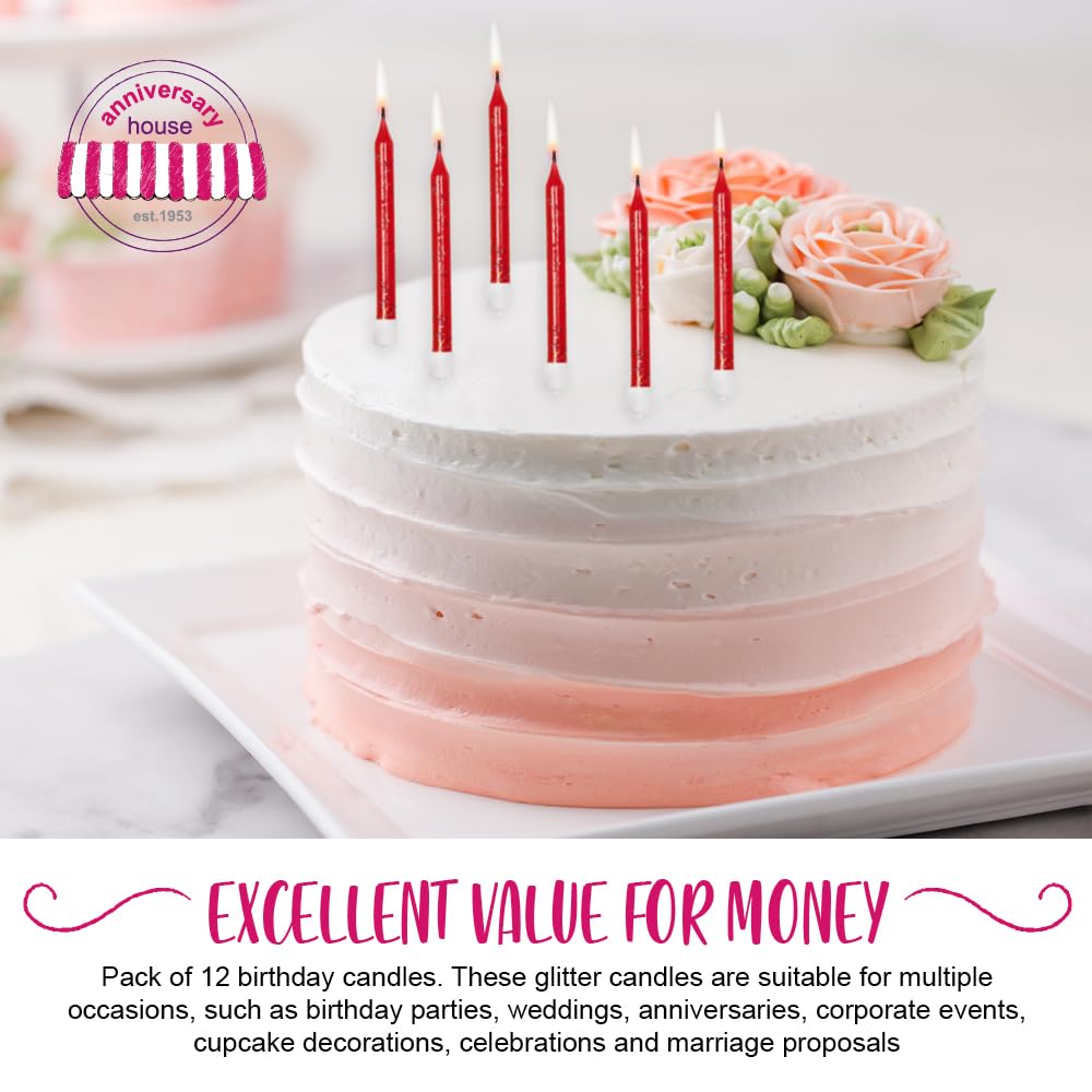 12 Pack Red Glitter Birthday Candles with Holders - 7.5cm Tall Cake Decorations for Birthday Parties, Weddings & Special Celebrations - AHC152