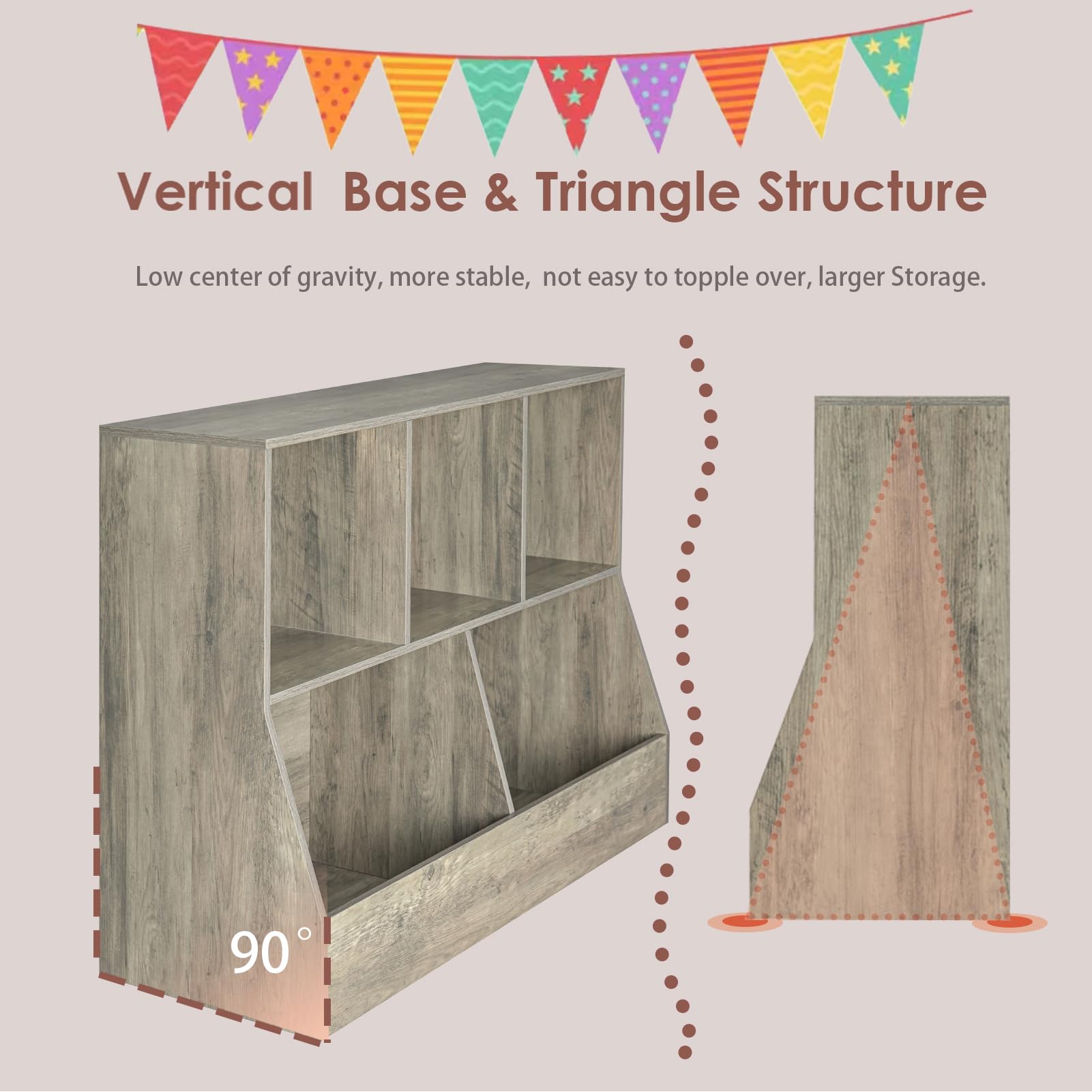 DINZI LVJ 5-Cubby Wooden Toy Storage Organizer & Kids Bookshelf - Gray Wash Toy Cabinet for Playroom, Bedroom, Nursery - Perfect for Organizing Toys, Books & School Supplies (43.3