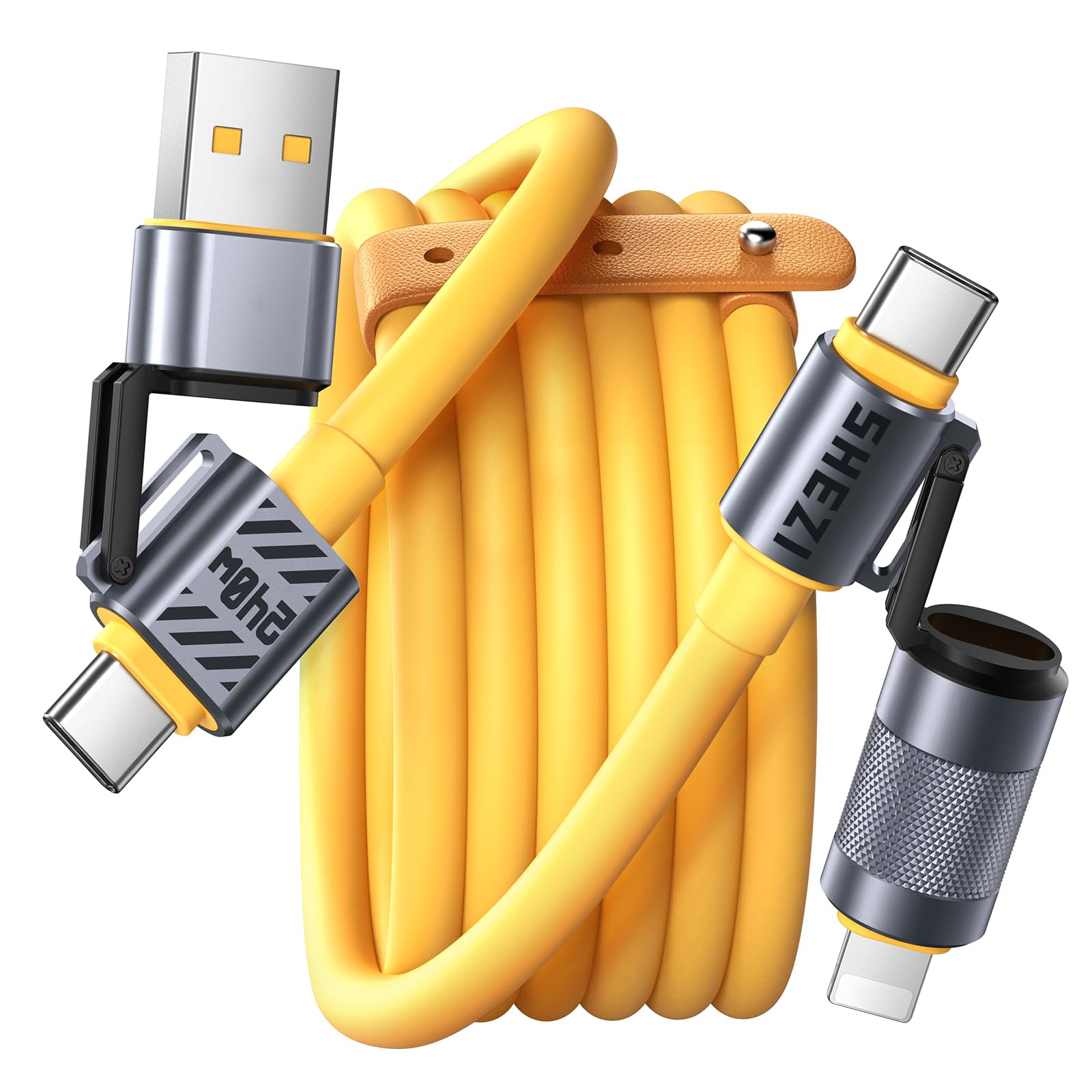 4-in-1 USB C to Lightning Cable 240W Fast Charging & Data Sync Cable - 5FT Yellow Multi-Port Charger for iPhone 16/15 Pro/MacBook/iPad (Lightning/USB-C/USB-A) | Perfect for Home, Office & Travel Charging | SHEZI Series