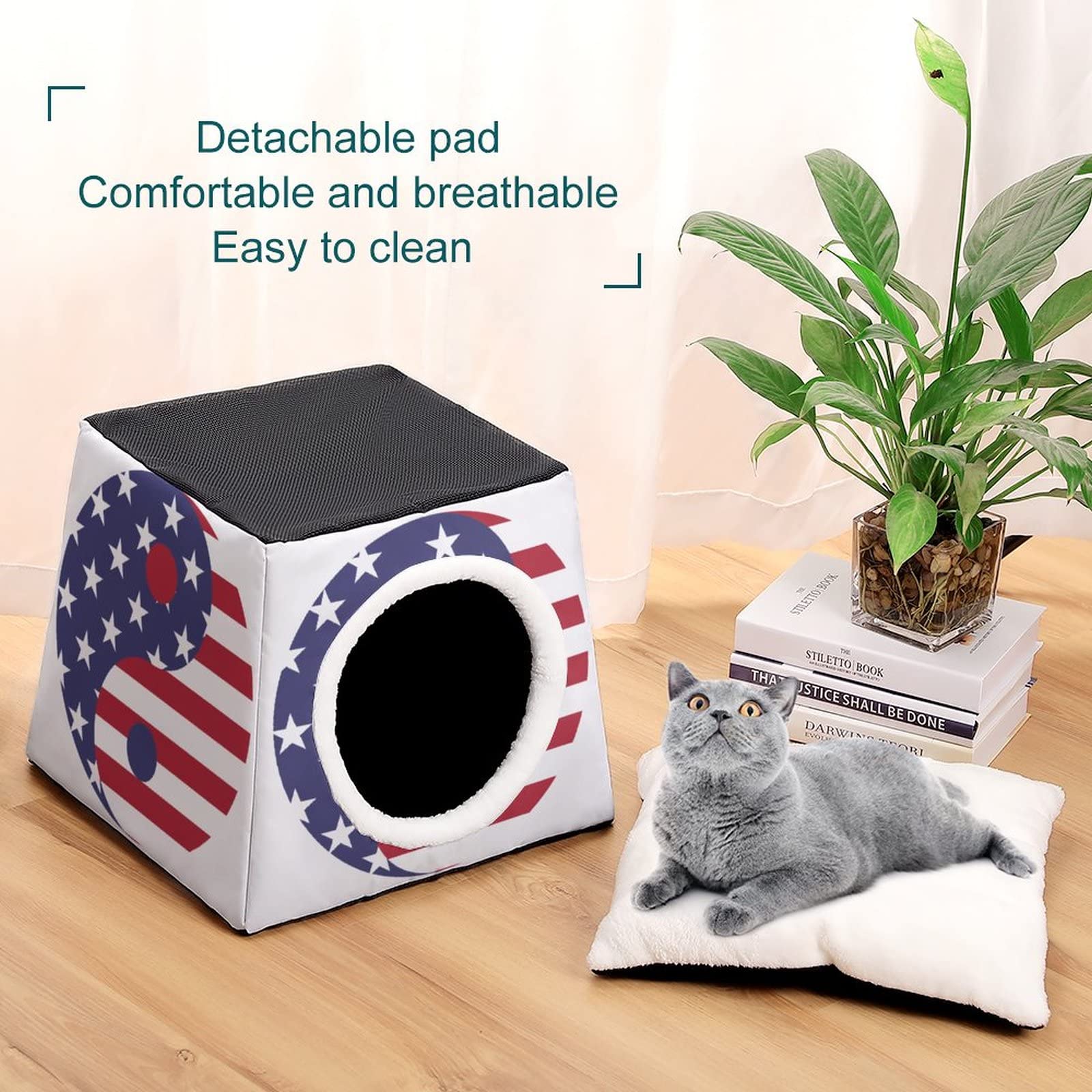 3-in-1 Cat House with USA Flag & Taichi Print - Indoor/Outdoor Cat Bed, Sofa & Shelter for Kitties | Perfect for Home, Patio & Travel Use