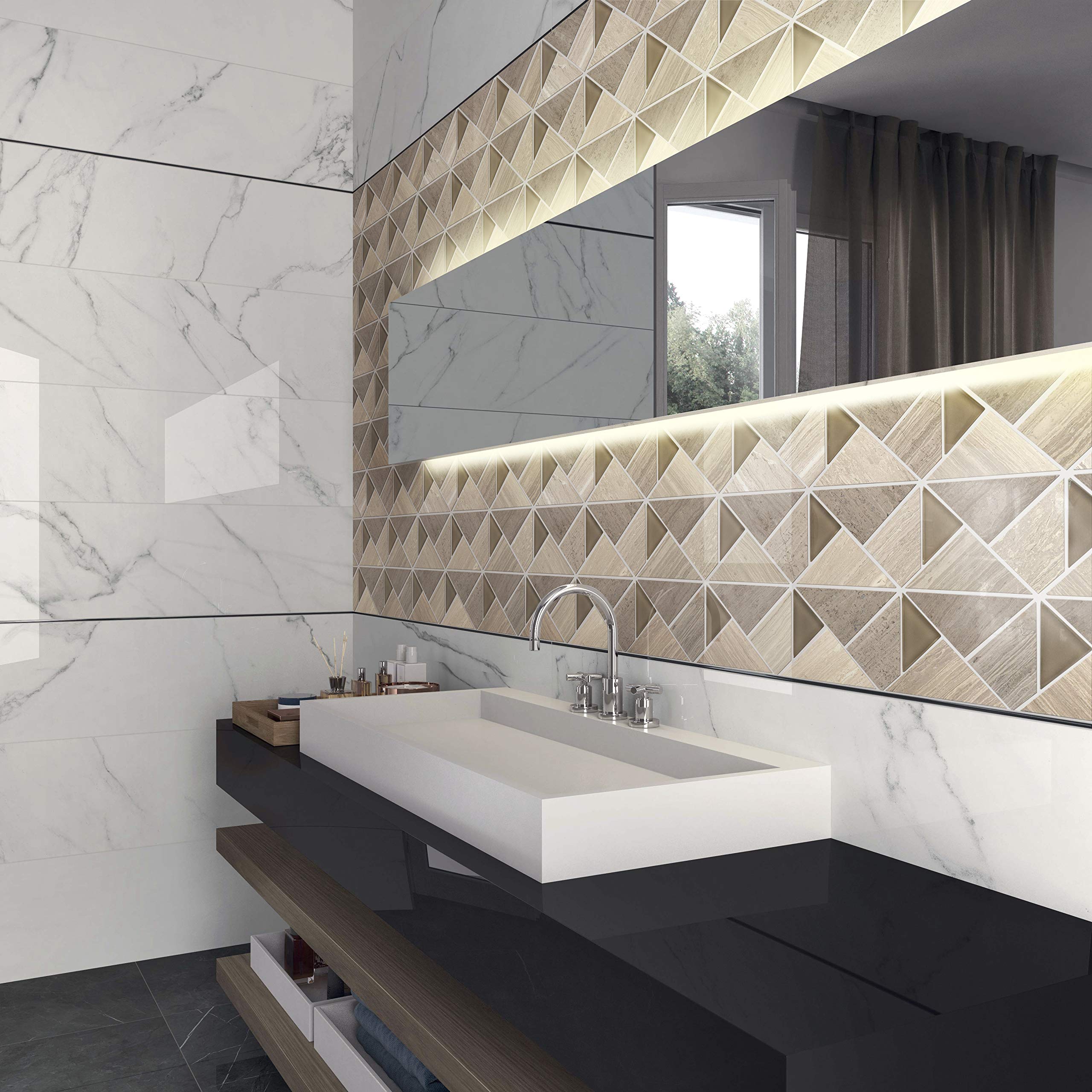 TMOPG-02 Natural Wooden Beige Stone Mosaic Tile Backsplash - 10 Sheets of Triangle Square Pattern Peel and Stick Tiles for Kitchen, Bathroom & Shower Wall Decor