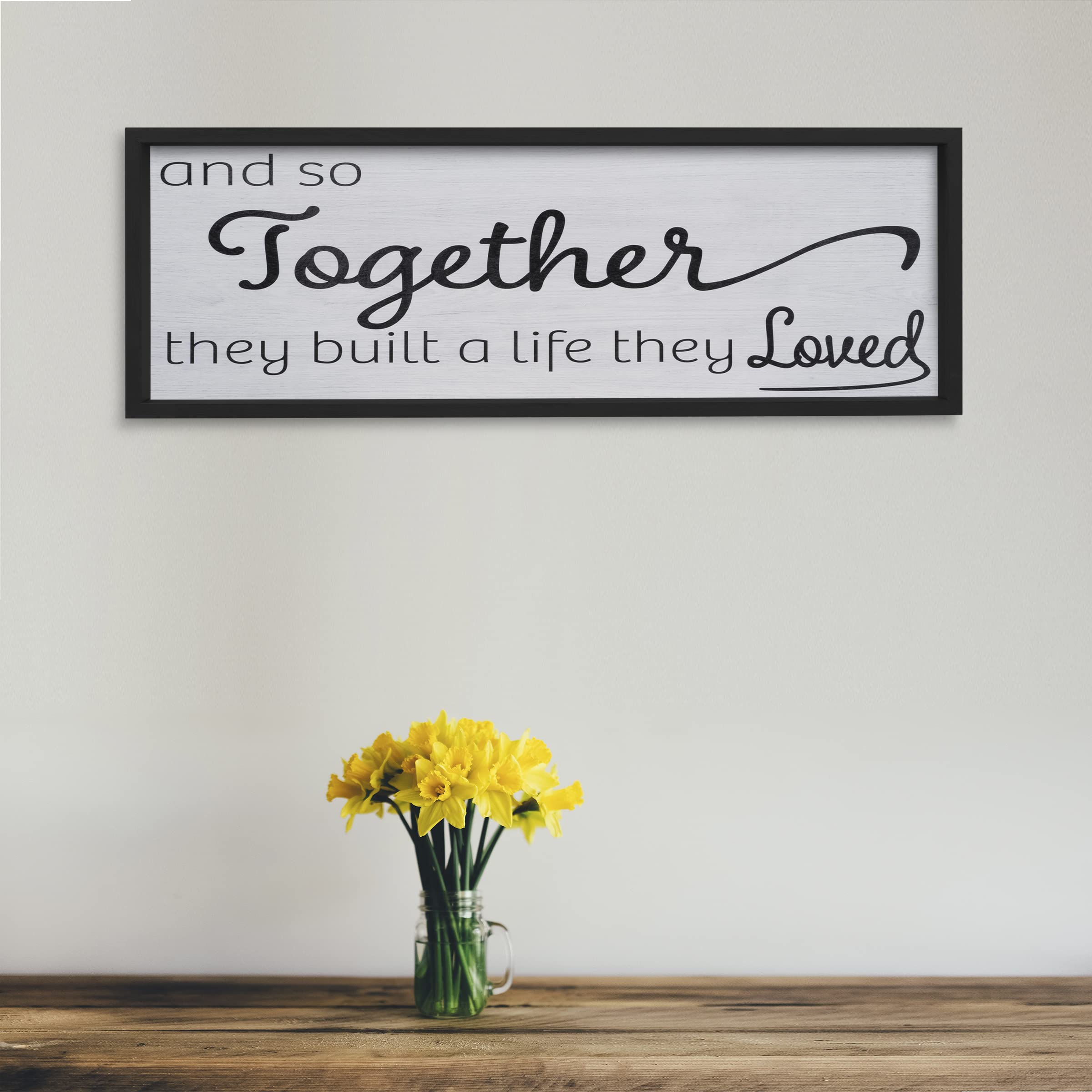 JennyGems Farmhouse Wall Decor - 3 ft x 1 ft Framed Wood Sign with 'So Together They Built a Life They Loved' Quote - Rustic Wedding Gift, Bedroom & Living Room Wall Art - Made in USA (Black) - Perfect for Home Decor, Housewarming & Anniversary Gifts