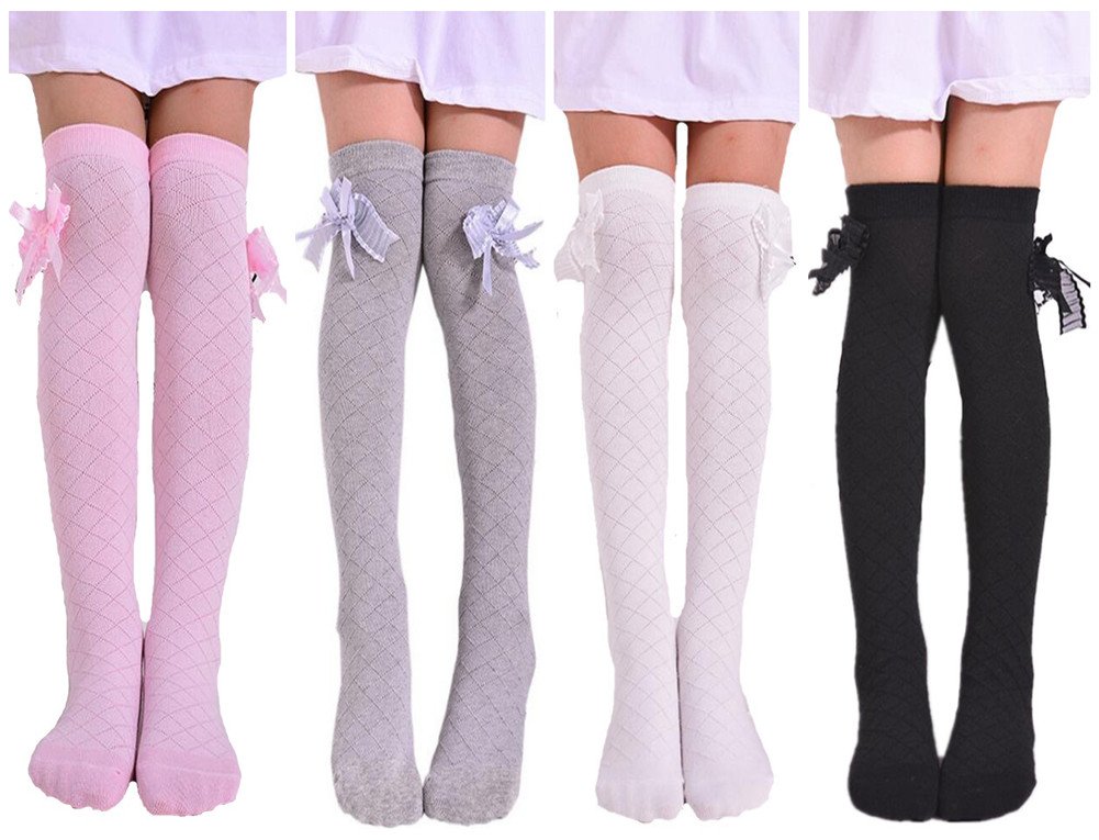 Toptim 4 Pairs Girls Knee High Socks - Over The Calf Stockings for Kids 2-8T - Perfect for School Uniforms, Dance Costumes & Winter Outfits