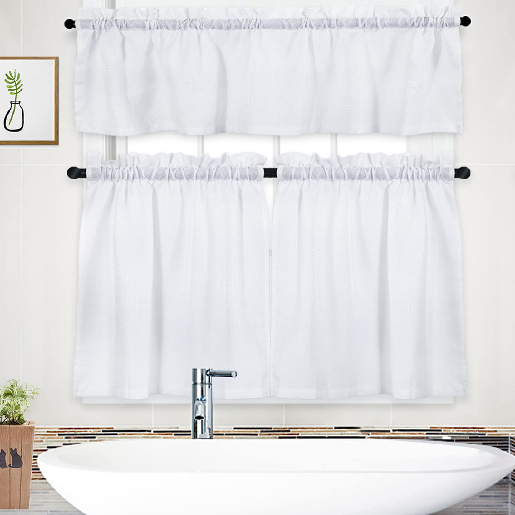 3-Piece Waffle Weave Kitchen Curtain Set with Valance - 30 Inch Length, Waterproof Textured Cafe Curtains for Bathroom & Window Treatment (White, 60