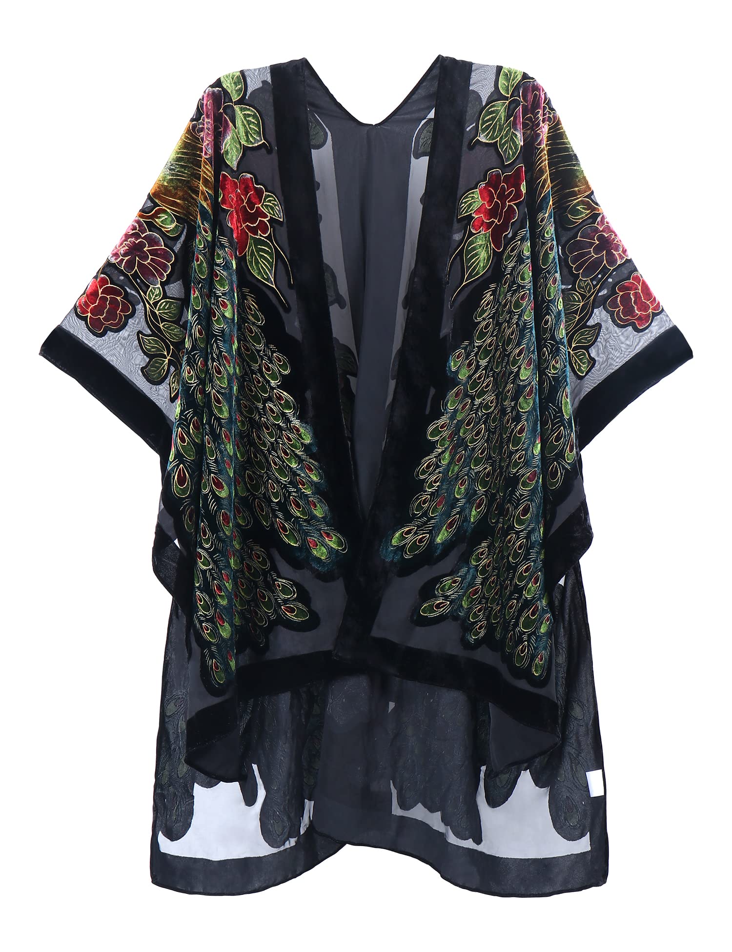WeHello Women's Burnout Velvet Kimono Long Cardigan Cover Up - Peacock/Black | Lightweight Loungewear for Home, Beach & Boho Fashion