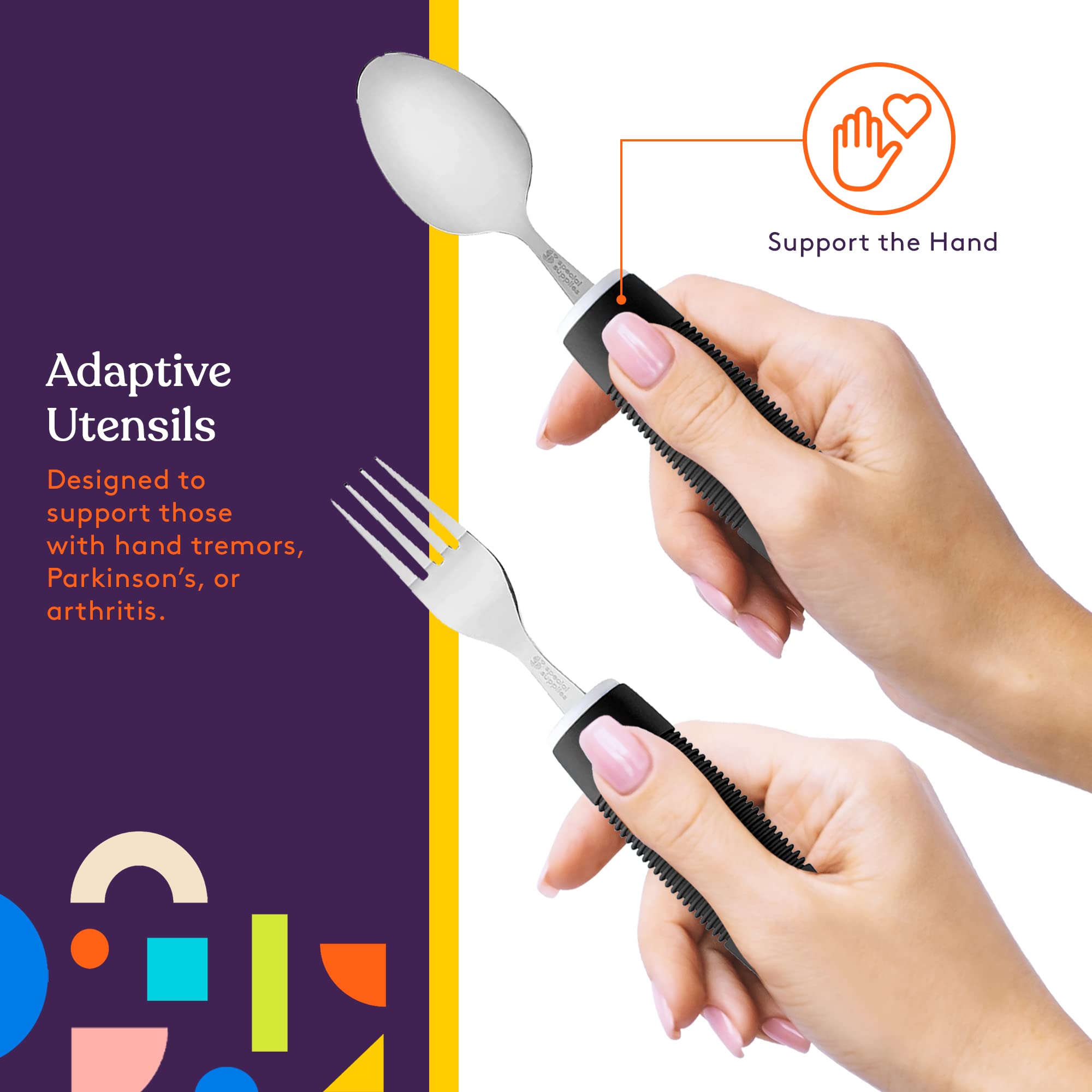Adaptive Utensils for Hand Tremors & Arthritis - 5-Piece Non-Slip Kitchen Set with Wide Handles for Parkinson's, Elderly & Disabled Users (Black) - Ideal for Easy Eating & Independent Living