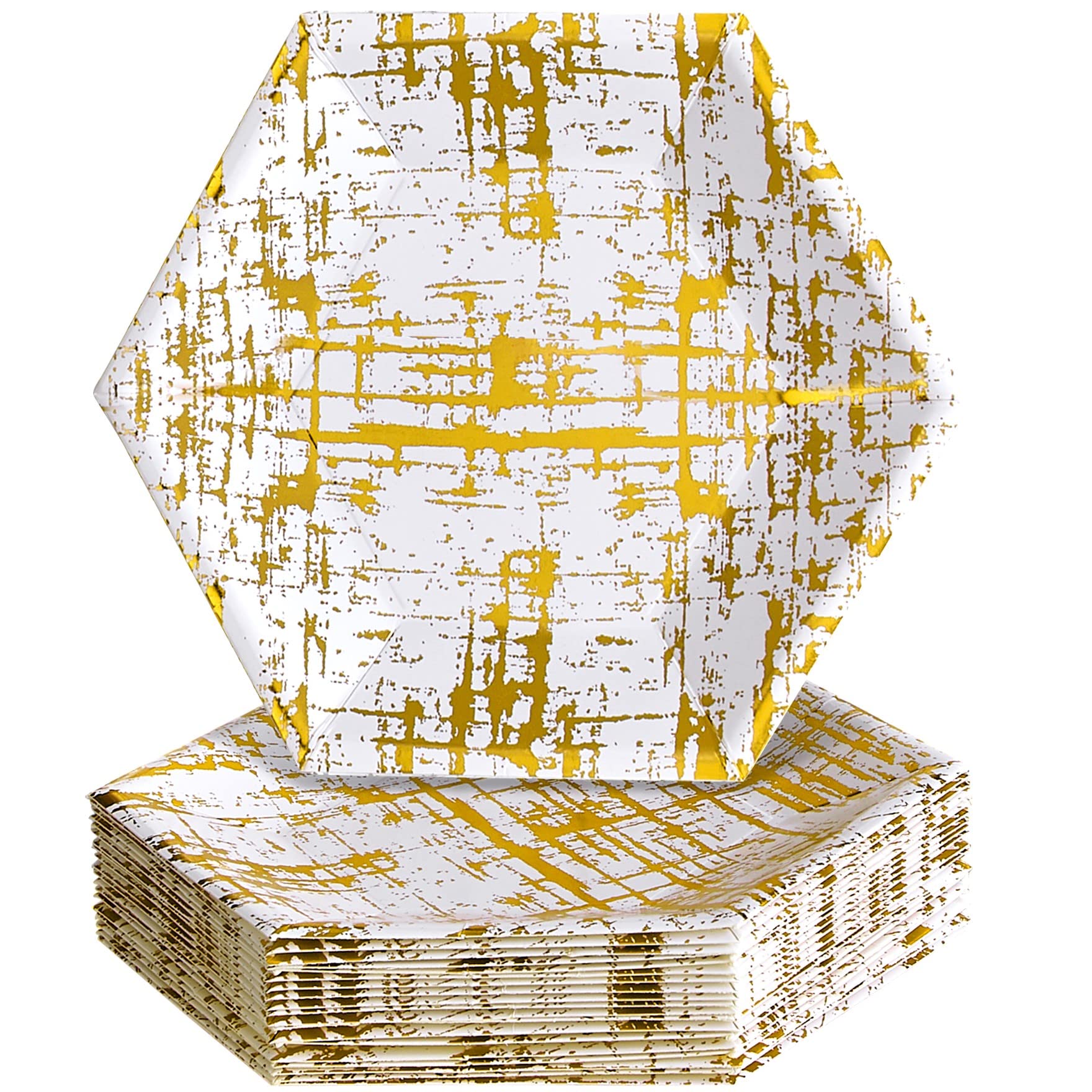 Hexagon Disposable Dinner Plates (18 Pc) - 10 Inch Gold Metallic Geometric Print Heavy Duty Paper Plates - Elegant Party Supplies for Weddings, Birthdays, Baby Showers & Special Events - Perfect for Indoor/Outdoor Gatherings & Holiday Celebrations - Arctic