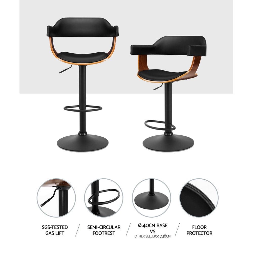 Artiss Adjustable Height Bar Stools with Gas Lift Mechanism, PU Leather Upholstery and Armrests - All Black - Perfect for Kitchen Islands, Home Bars and Counter Height Dining