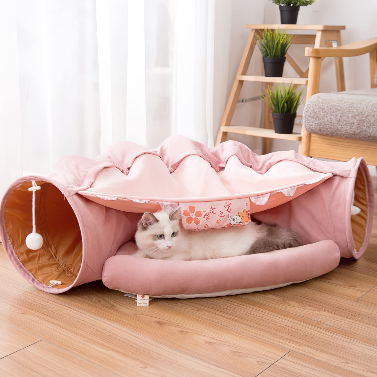Cozy Cat Tunnel Bed with Cushion & 2 Hanging Scratching Balls - Soft Pet Cave for Indoor Cats (Dark Brown) - Perfect for Napping, Playing & Relaxing at Home